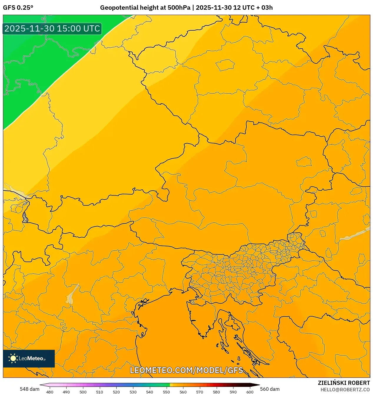GFS model - Austria, Geopotential height at 500hPa