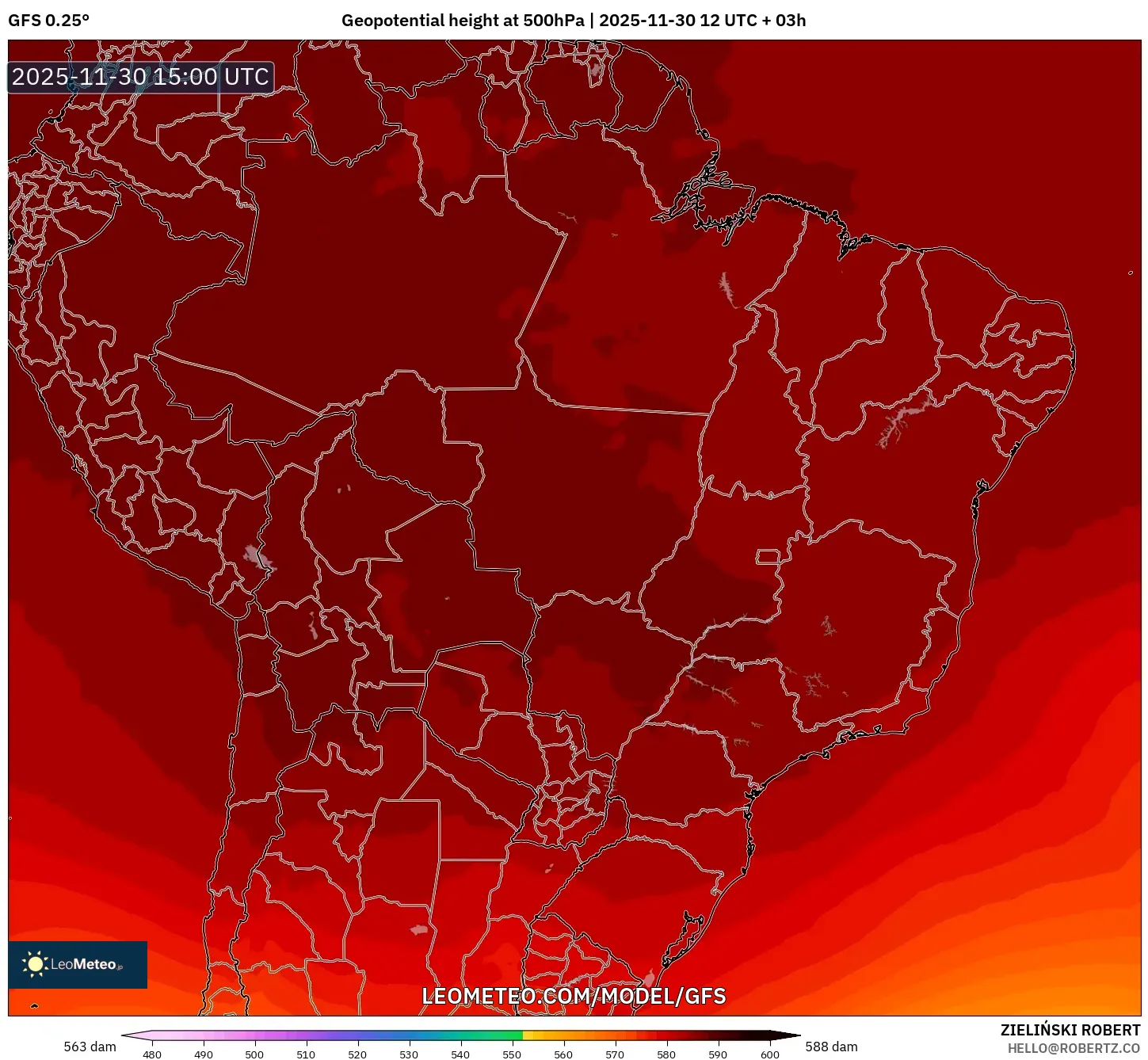 GFS model - Brazil, Geopotential height at 500hPa
