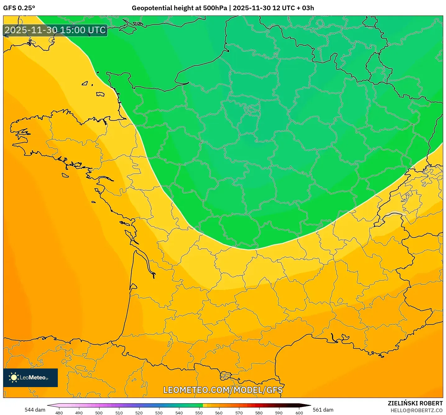 GFS model - France, Geopotential height at 500hPa