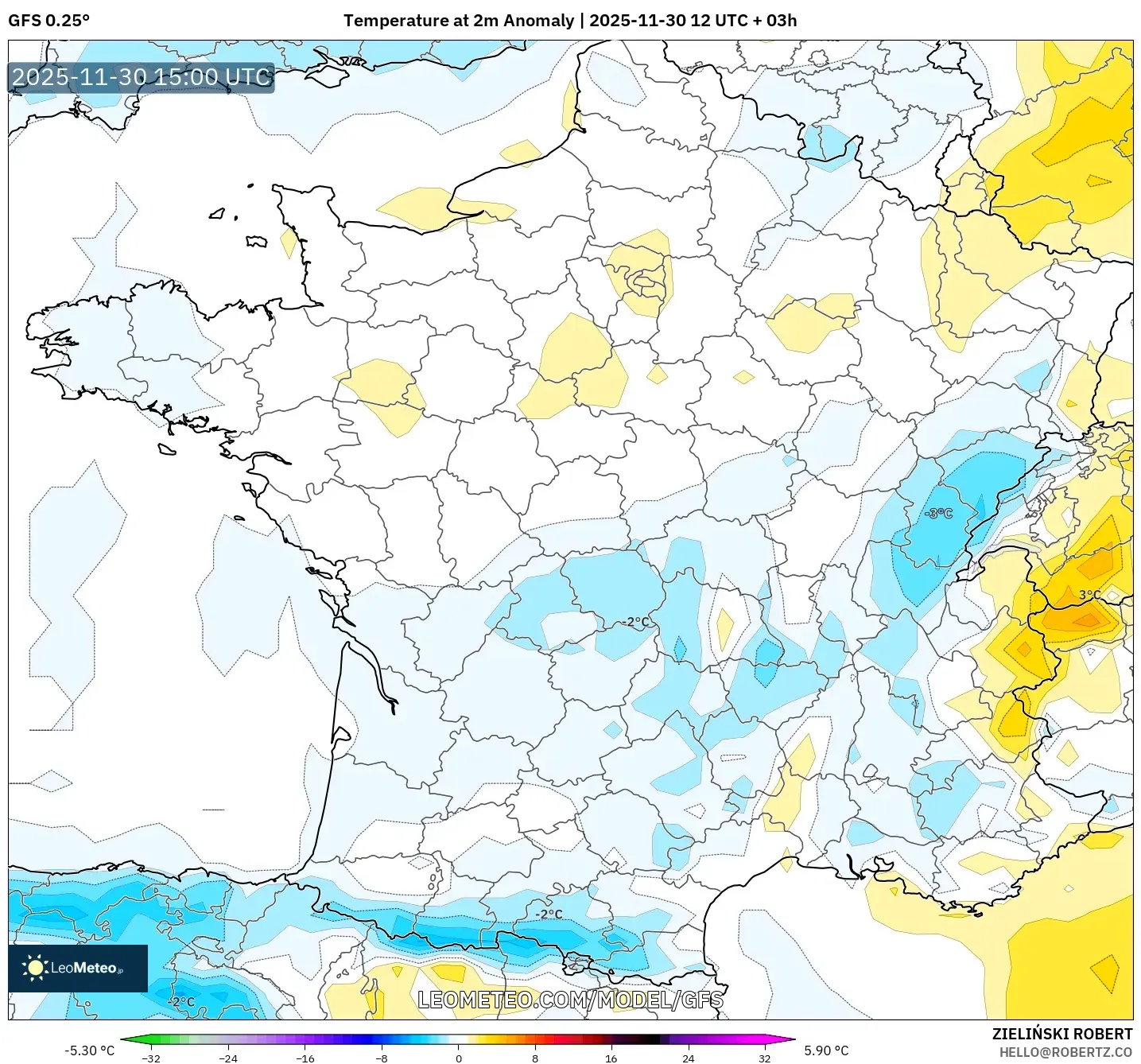 GFS model - France, Temperature at 2m Anomaly