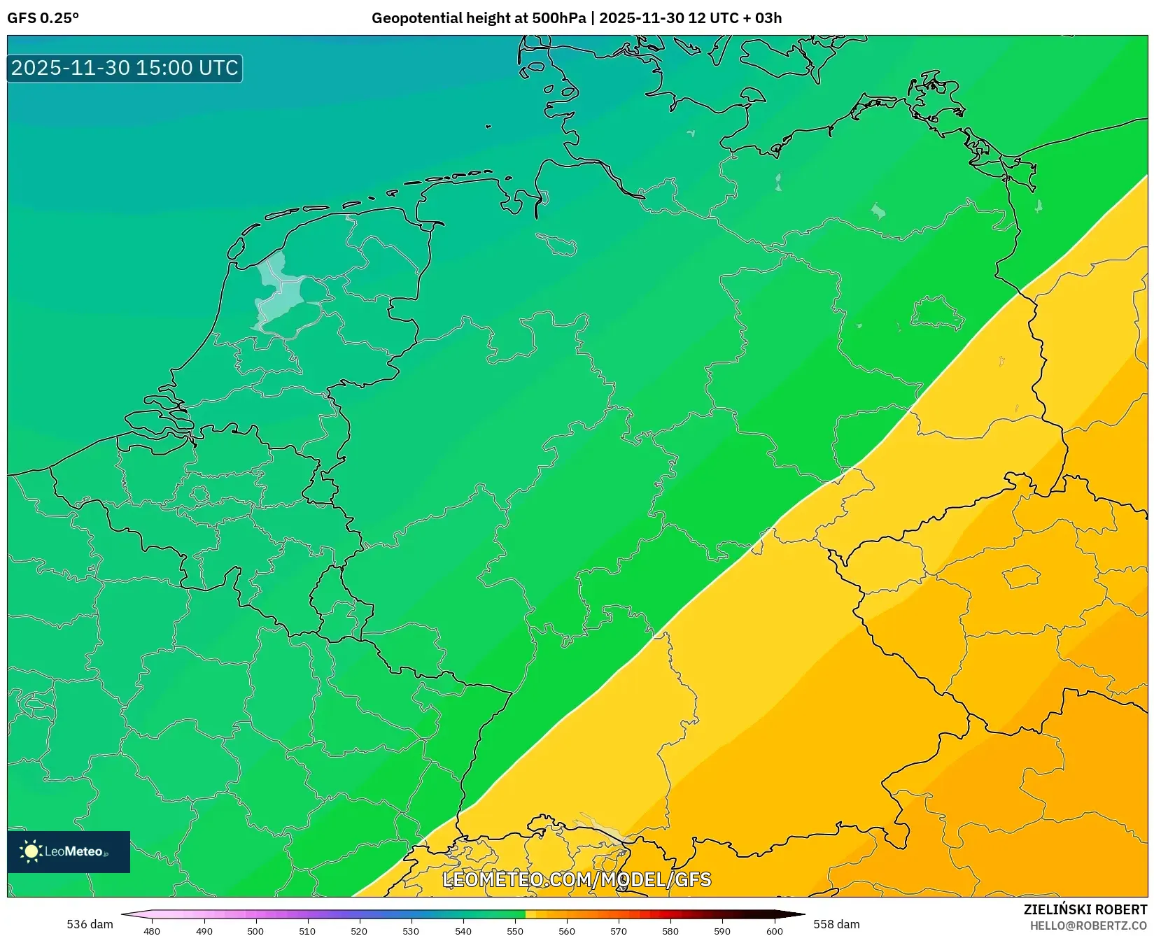 GFS model - Germany, Geopotential height at 500hPa