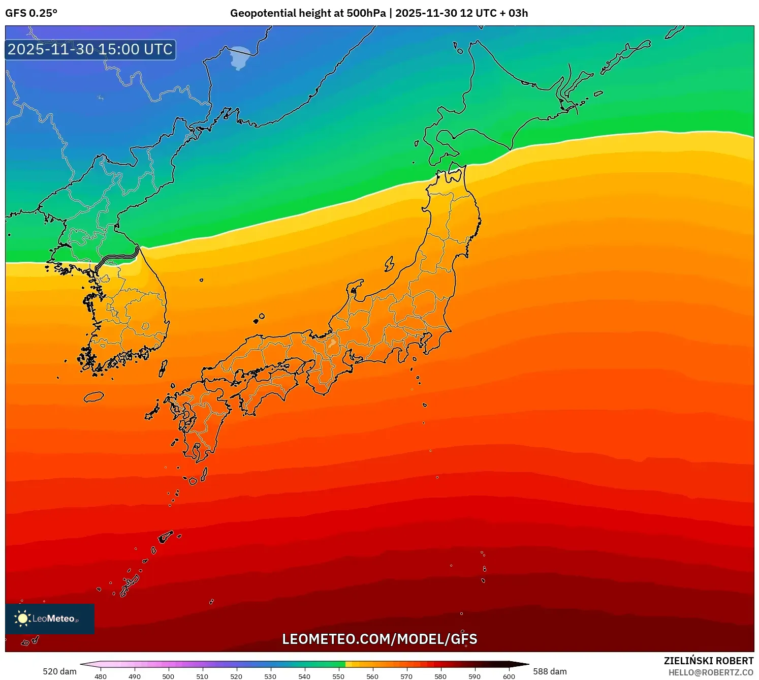 GFS model - Japan, Geopotential height at 500hPa