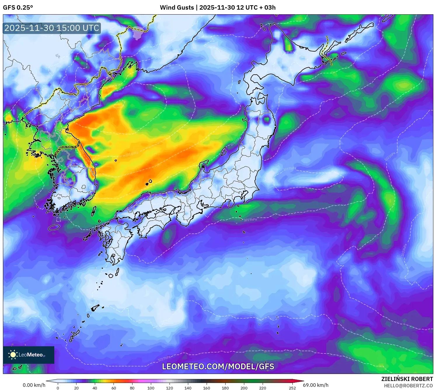GFS model - Japan, Wind Gusts