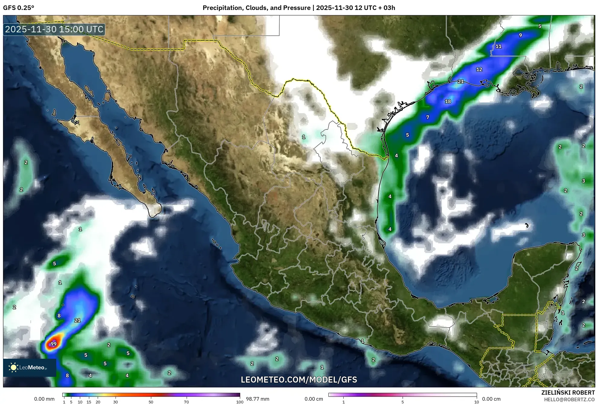 GFS model - Mexico, Precipitation, Clouds, and Pressure