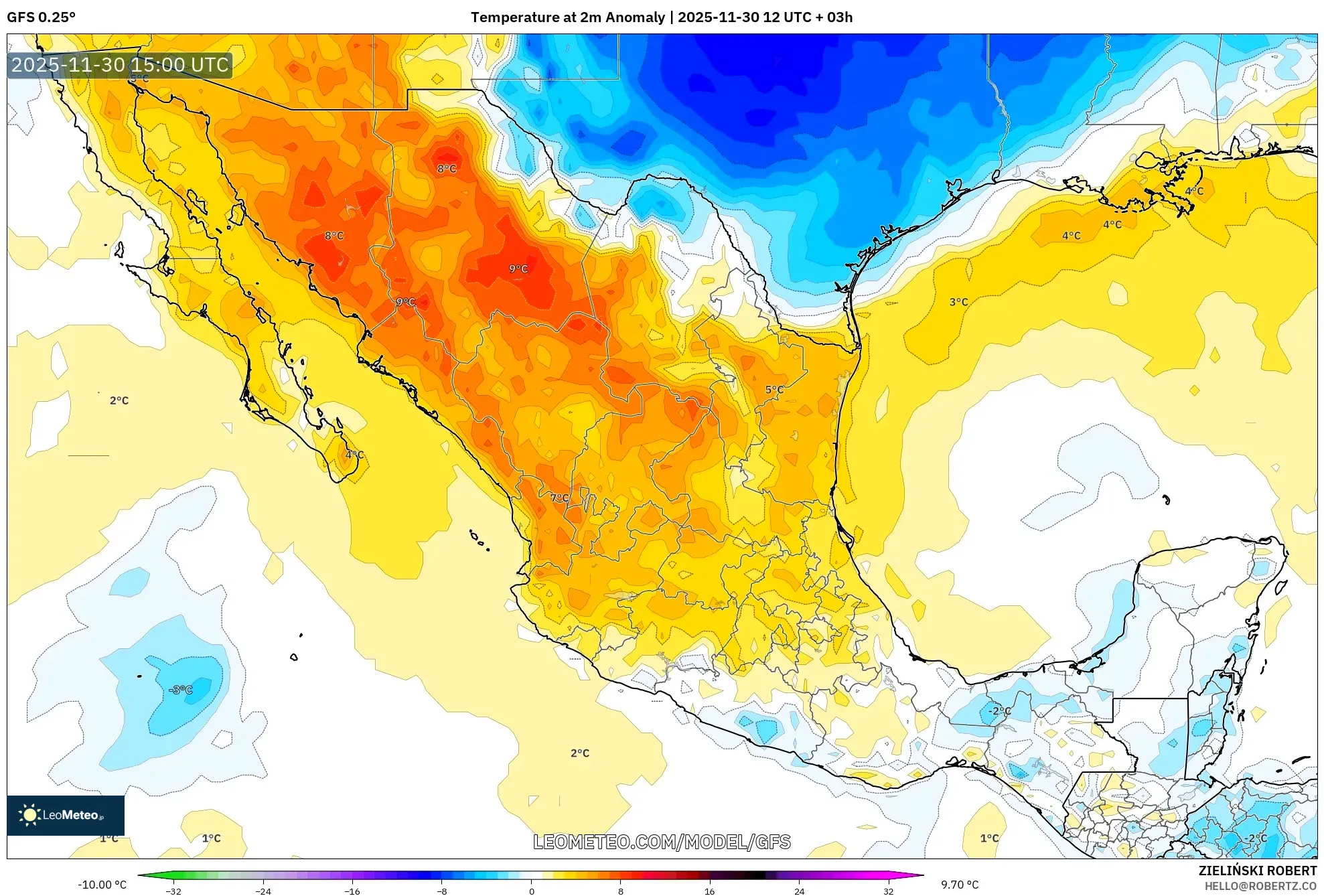 GFS model - Mexico, Temperature at 2m Anomaly