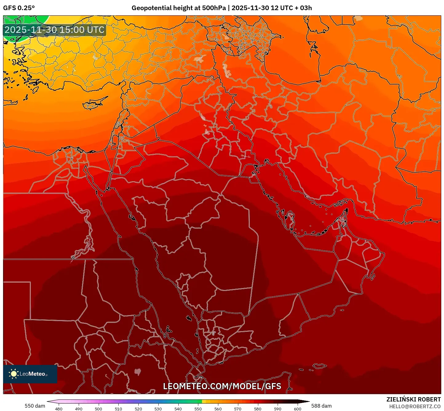 GFS model - Middle East, Geopotential height at 500hPa