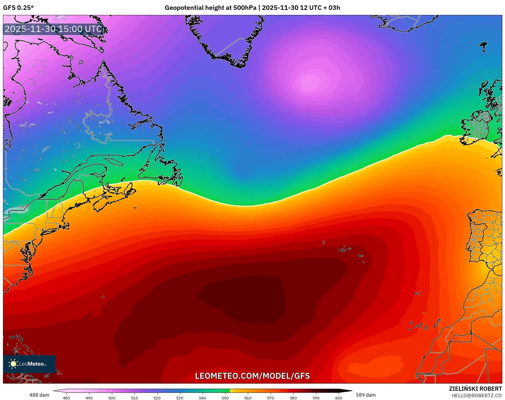 GFS model - North Atlantic, Geopotential height at 500hPa