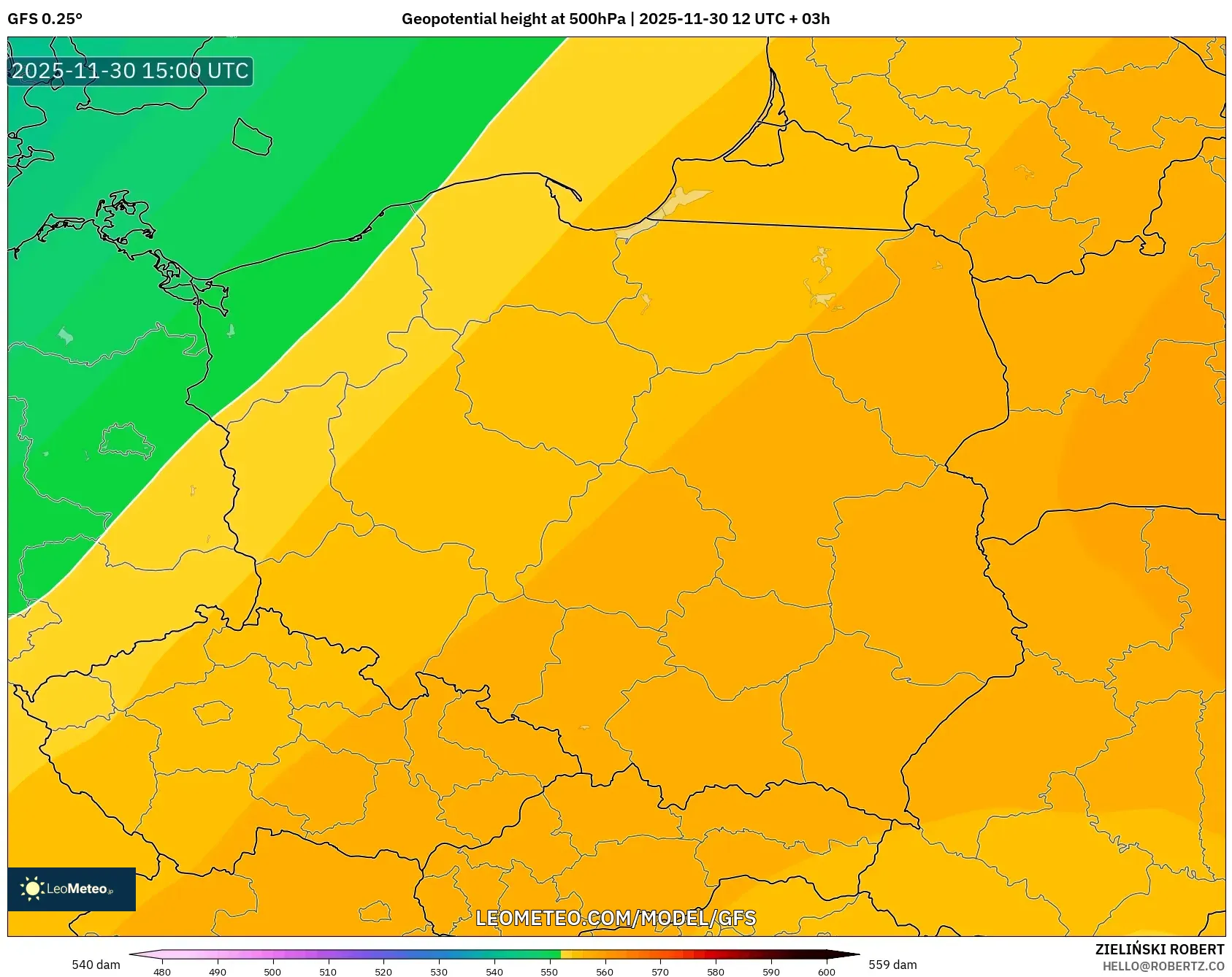 GFS model - Poland, Geopotential height at 500hPa
