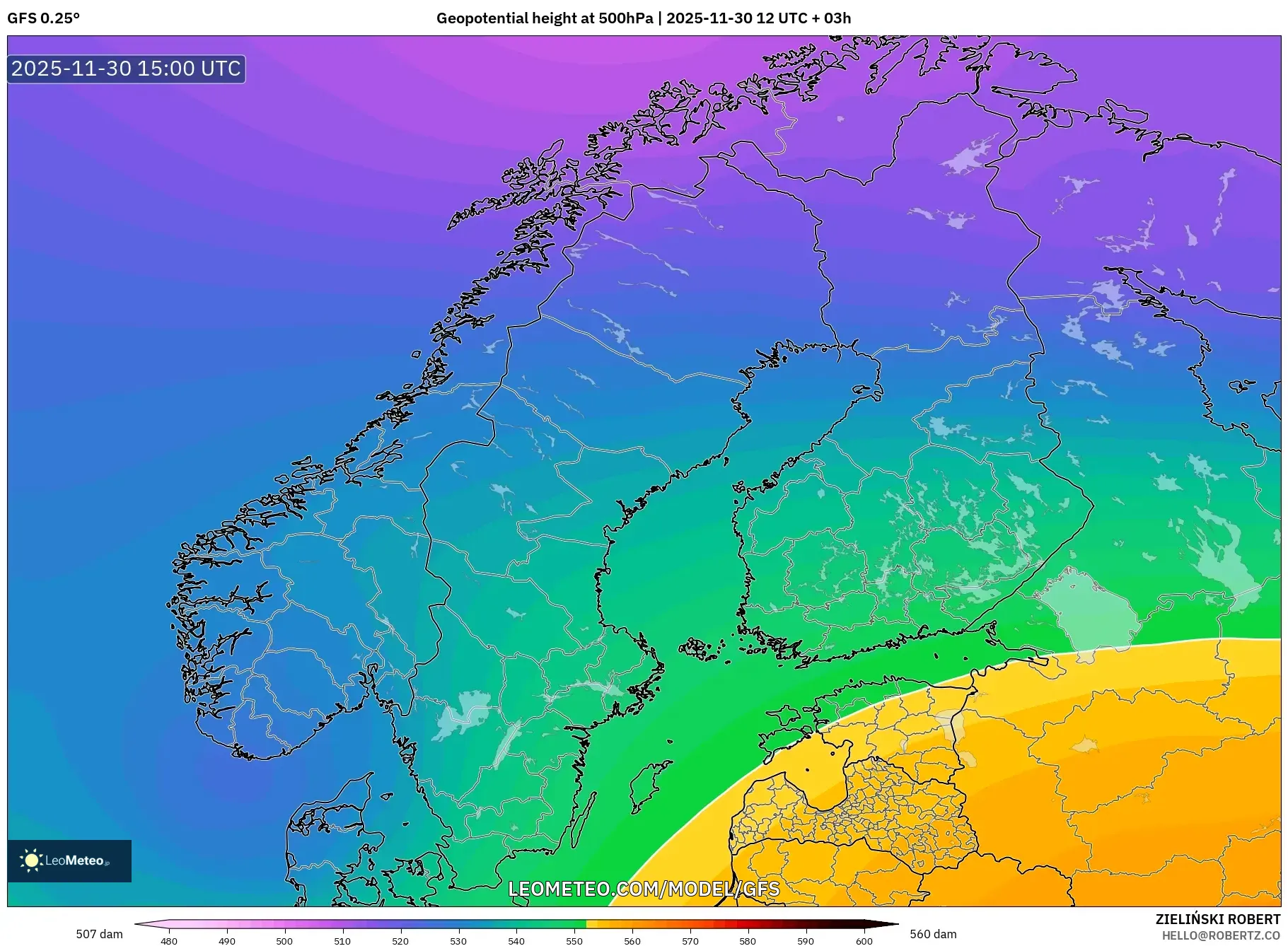 GFS model - Scandinavia, Geopotential height at 500hPa