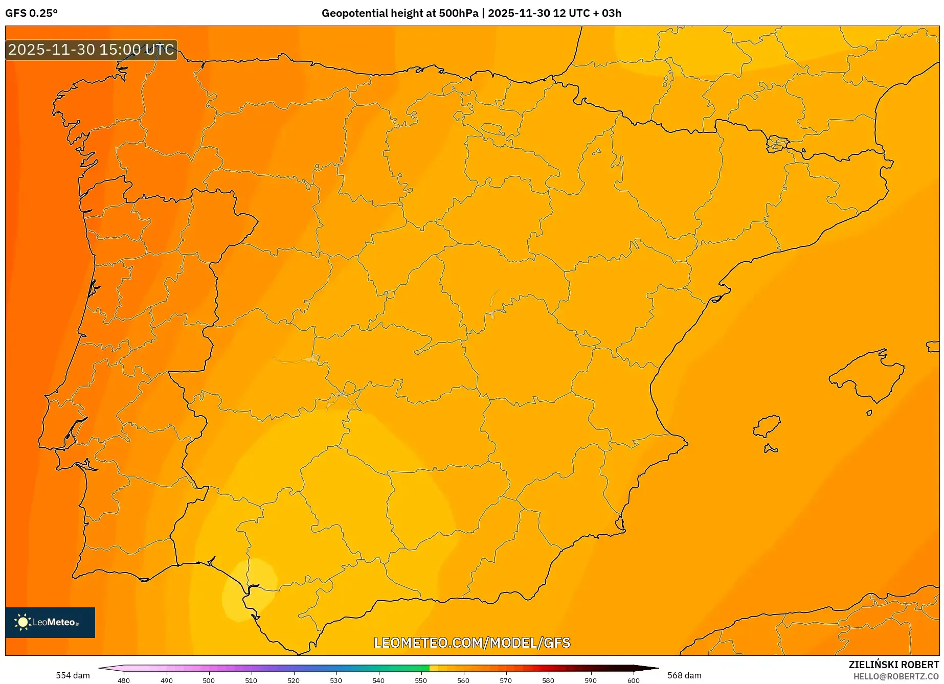 GFS model - Spain, Geopotential height at 500hPa