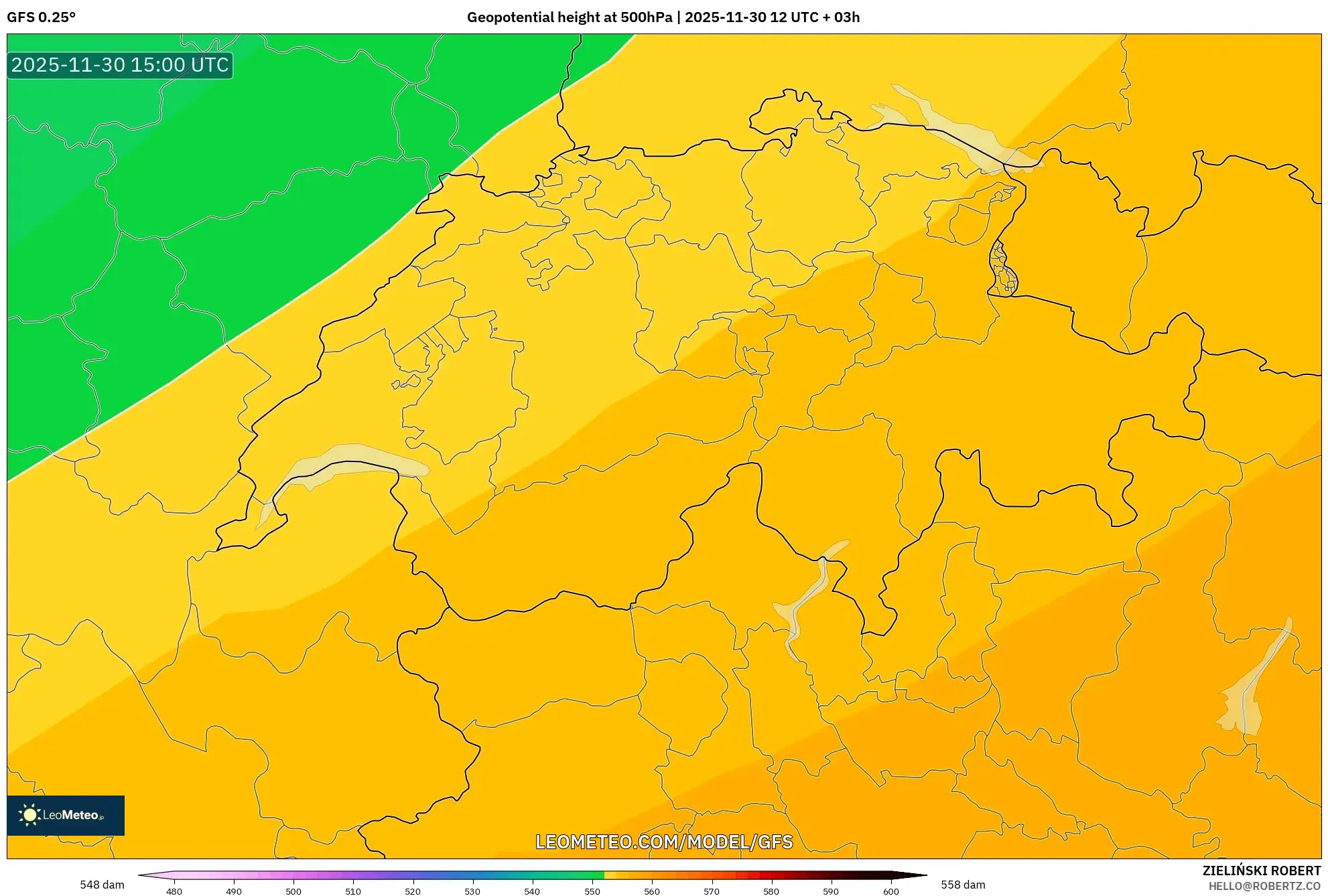 GFS model - Switzerland, Geopotential height at 500hPa