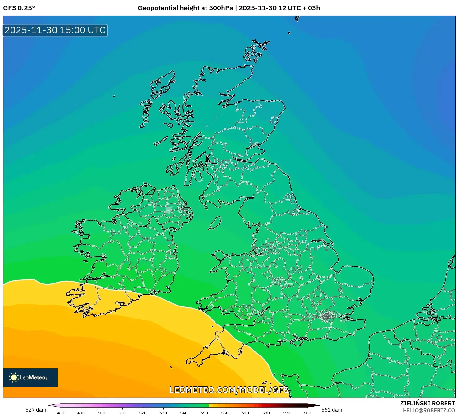 GFS model - United Kingdom, Geopotential height at 500hPa