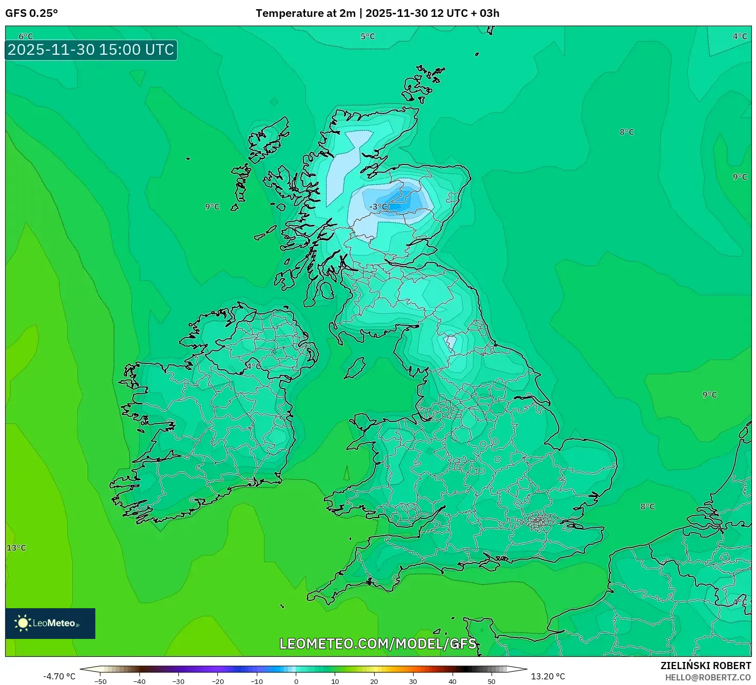GFS model - United Kingdom, Temperature at 2m