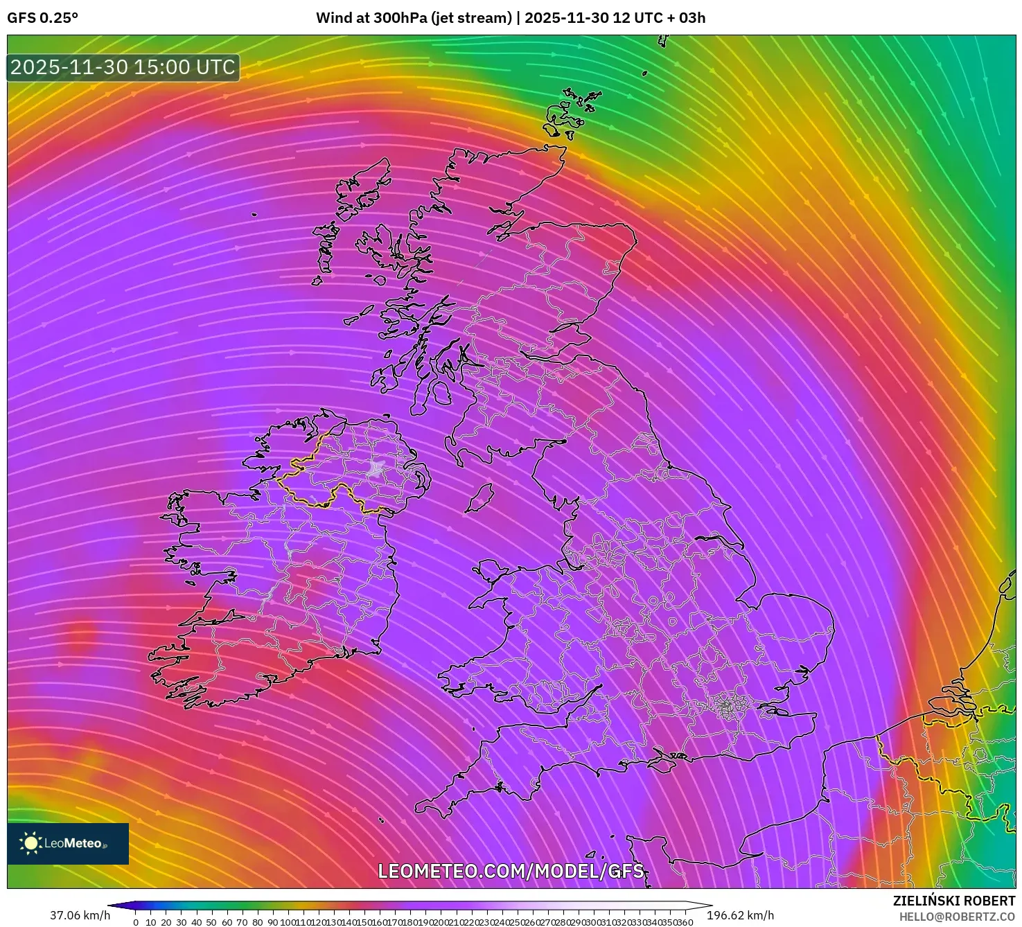 GFS model - United Kingdom, Wind at 300hPa (jet stream)