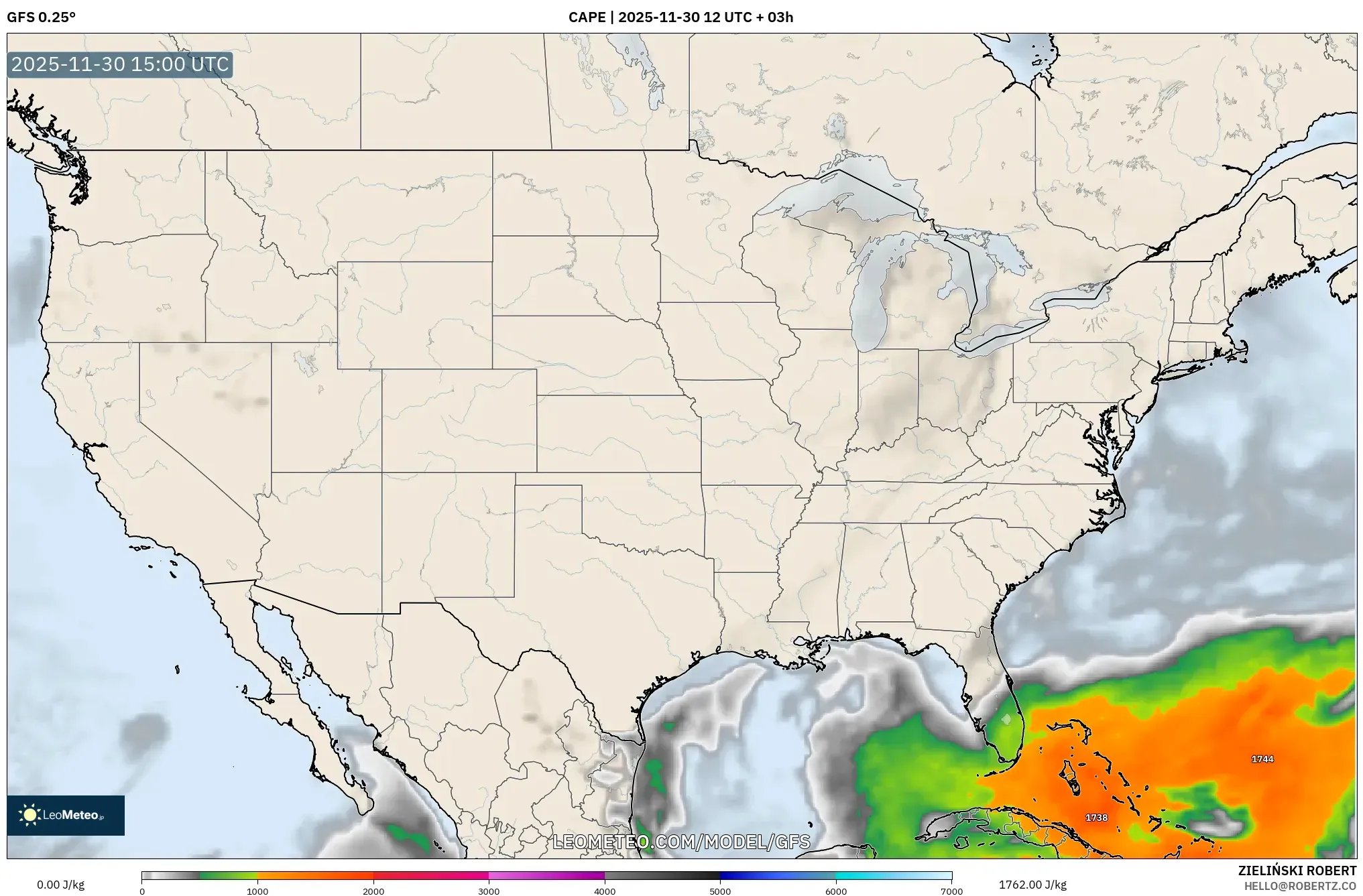 GFS model - United States, CAPE