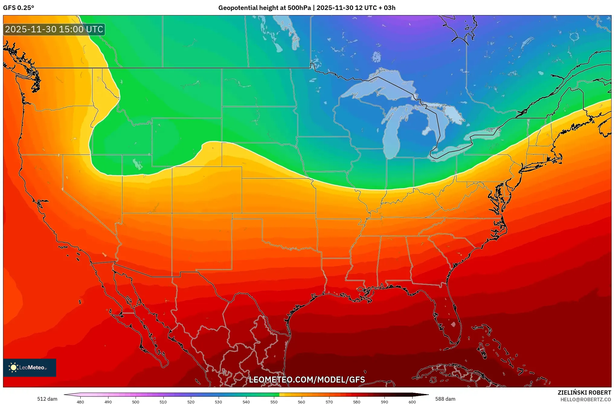 GFS model - United States, Geopotential height at 500hPa