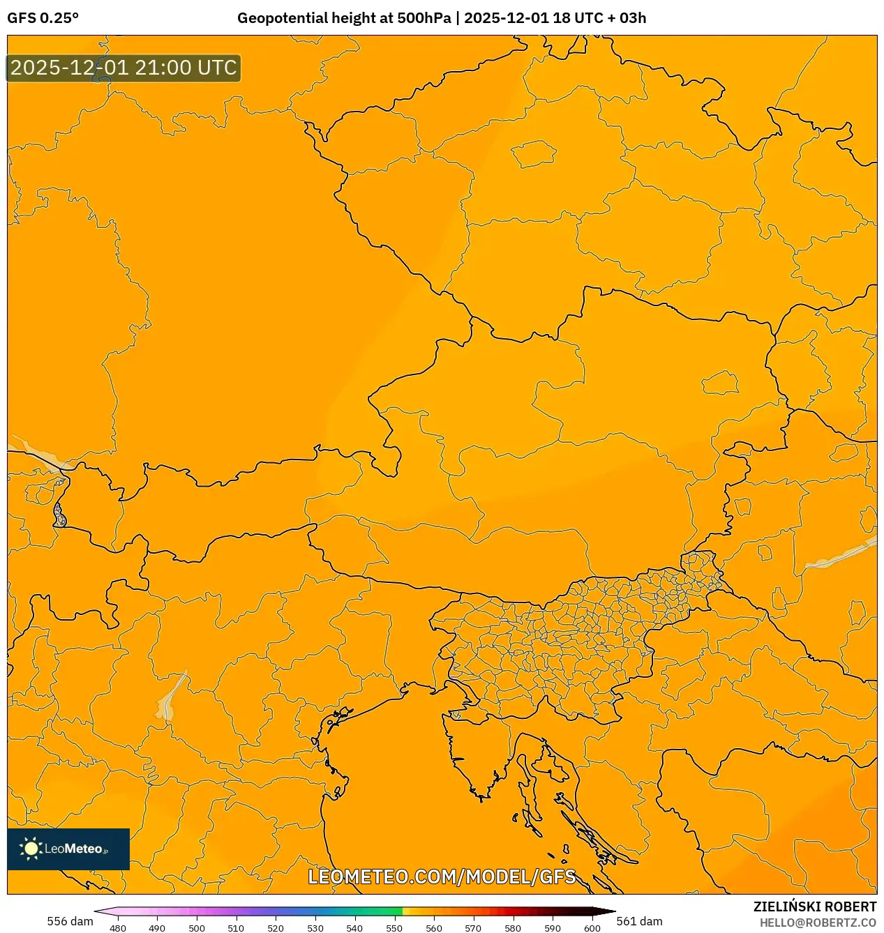 GFS model - Austria, Geopotential height at 500hPa