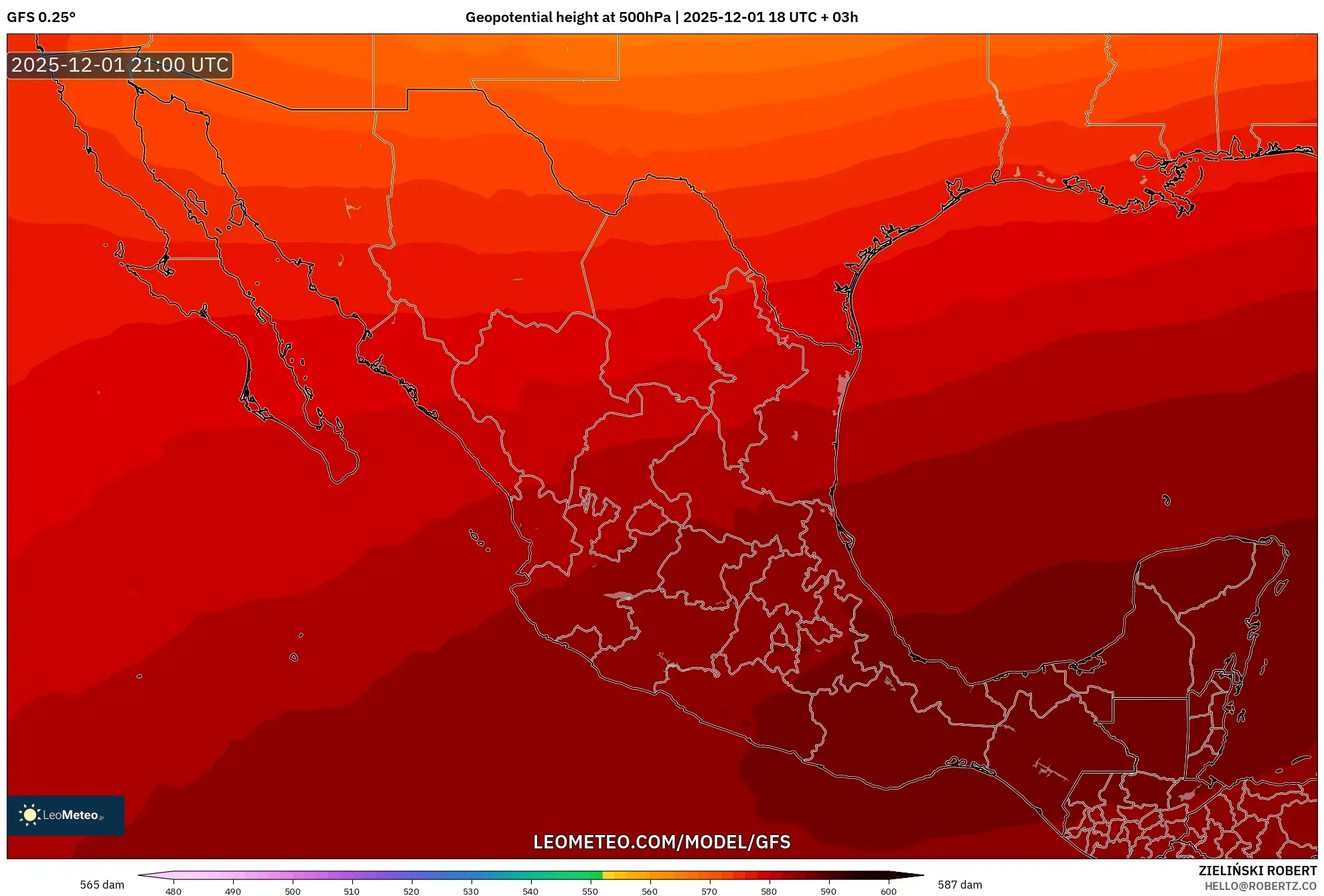 GFS model - Mexico, Geopotential height at 500hPa
