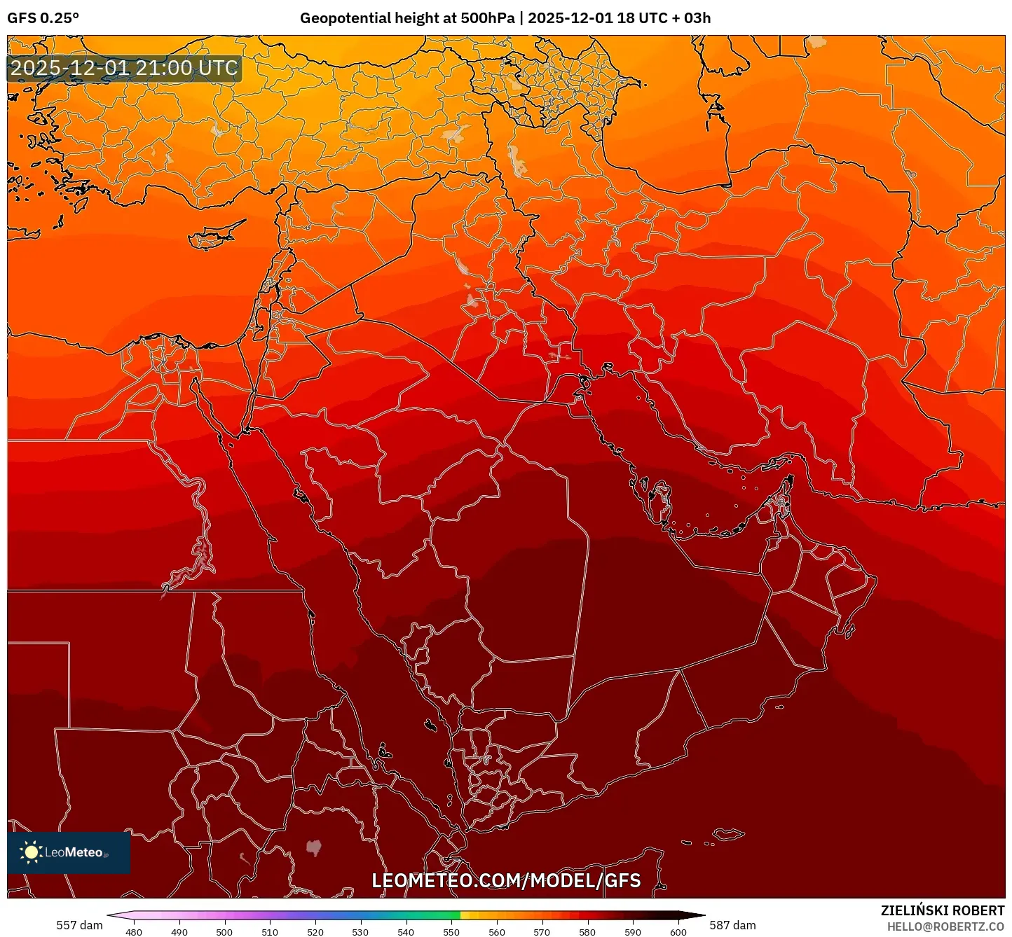GFS model - Middle East, Geopotential height at 500hPa