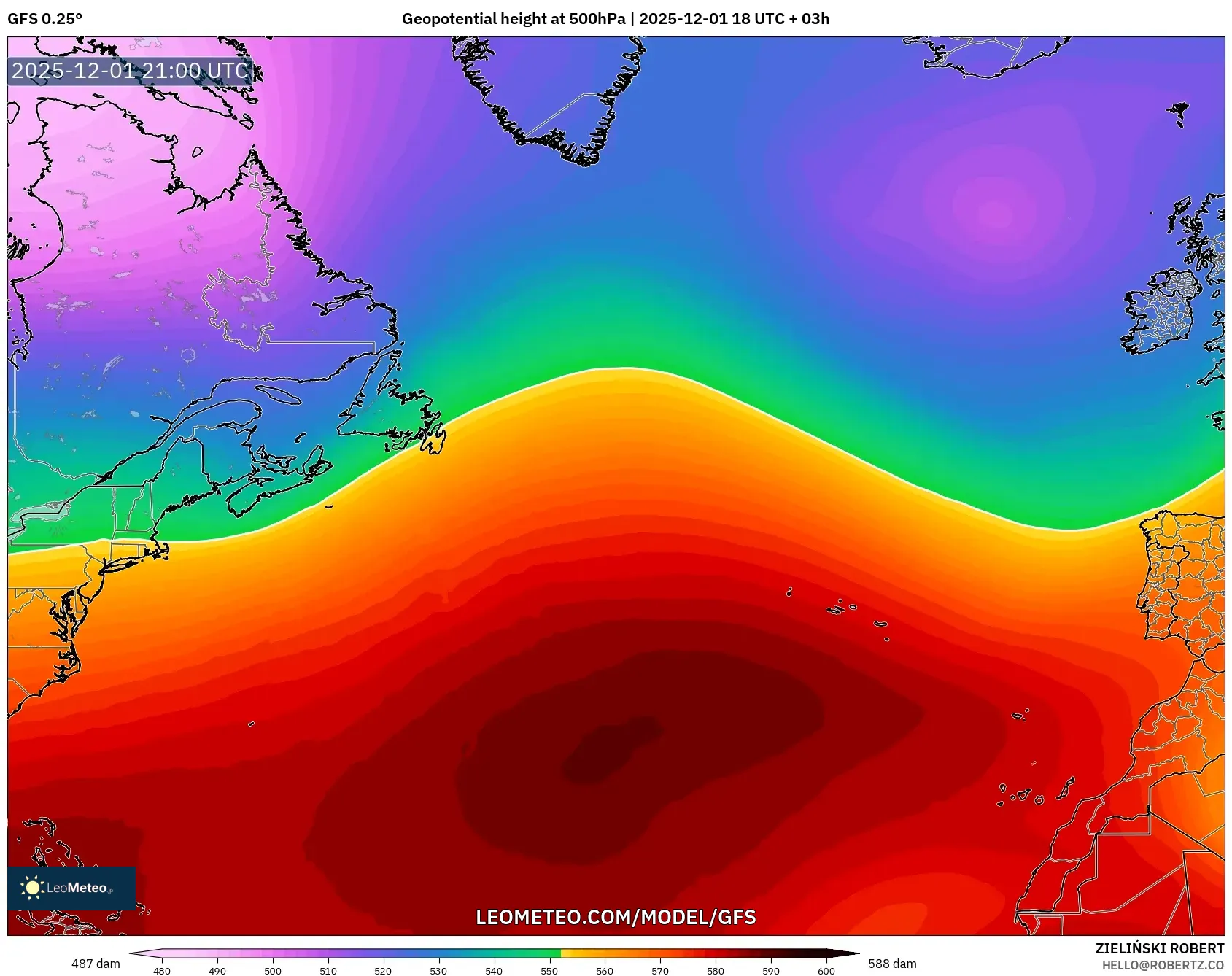 GFS model - North Atlantic, Geopotential height at 500hPa