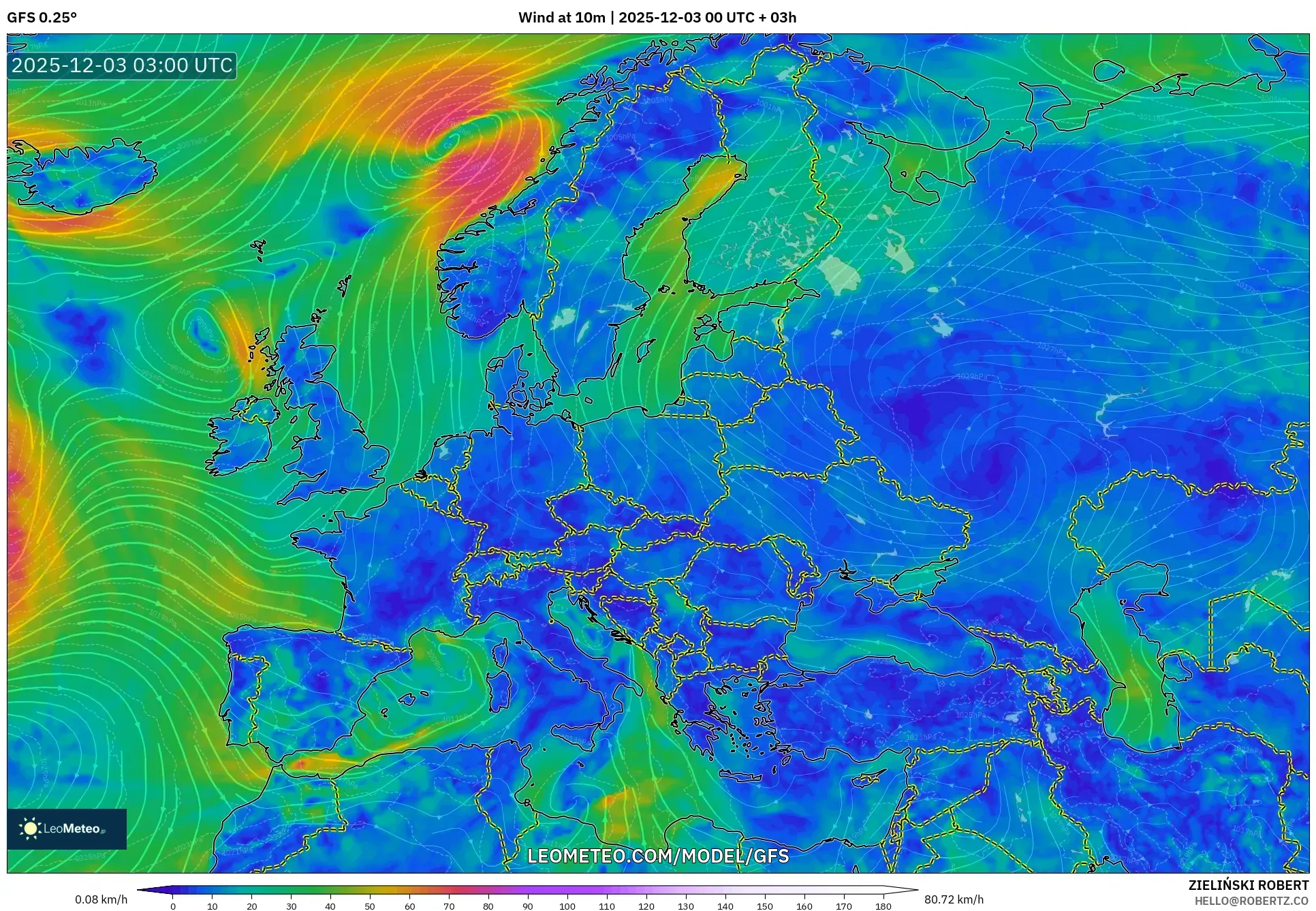 GFS model - Europe, Wind at 10m
