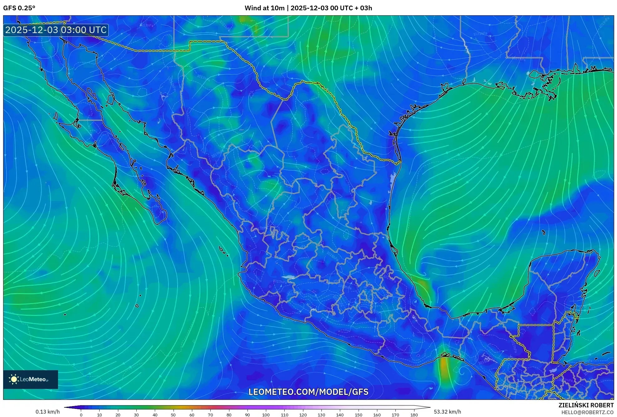 GFS model - Mexico, Wind at 10m