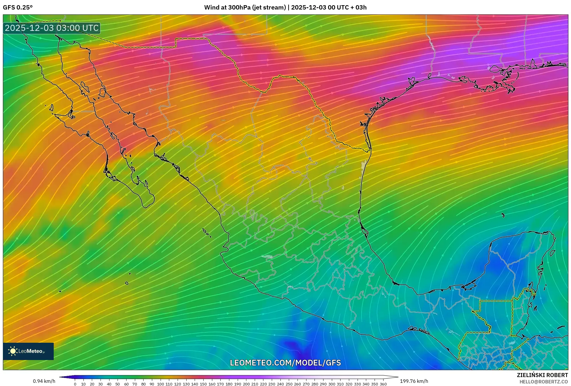 GFS model - Mexico, Wind at 300hPa (jet stream)