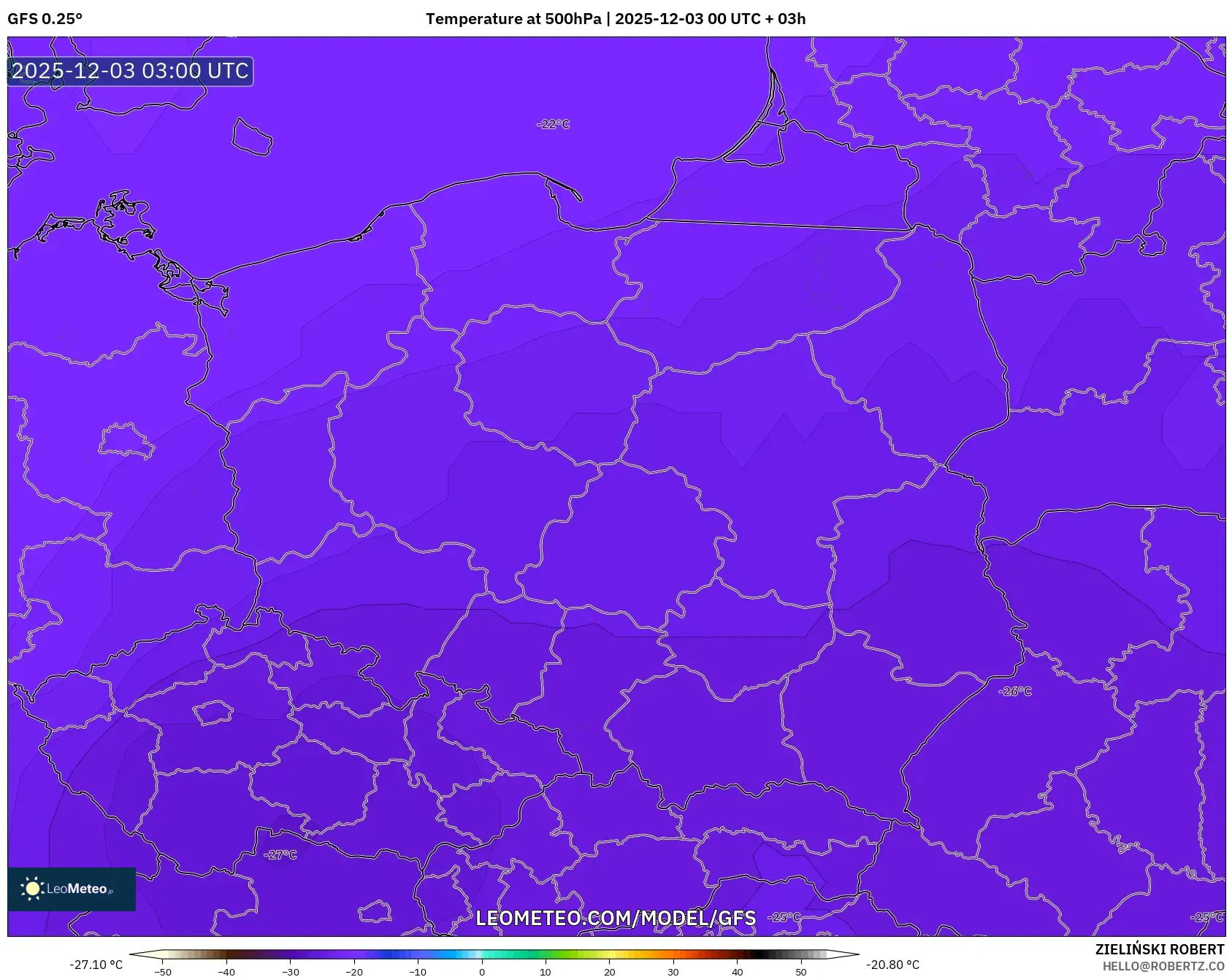 GFS model - Poland, Temperature at 500hPa