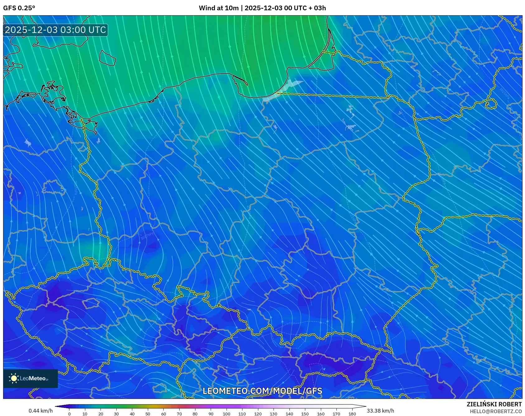 GFS model - Poland, Wind at 10m