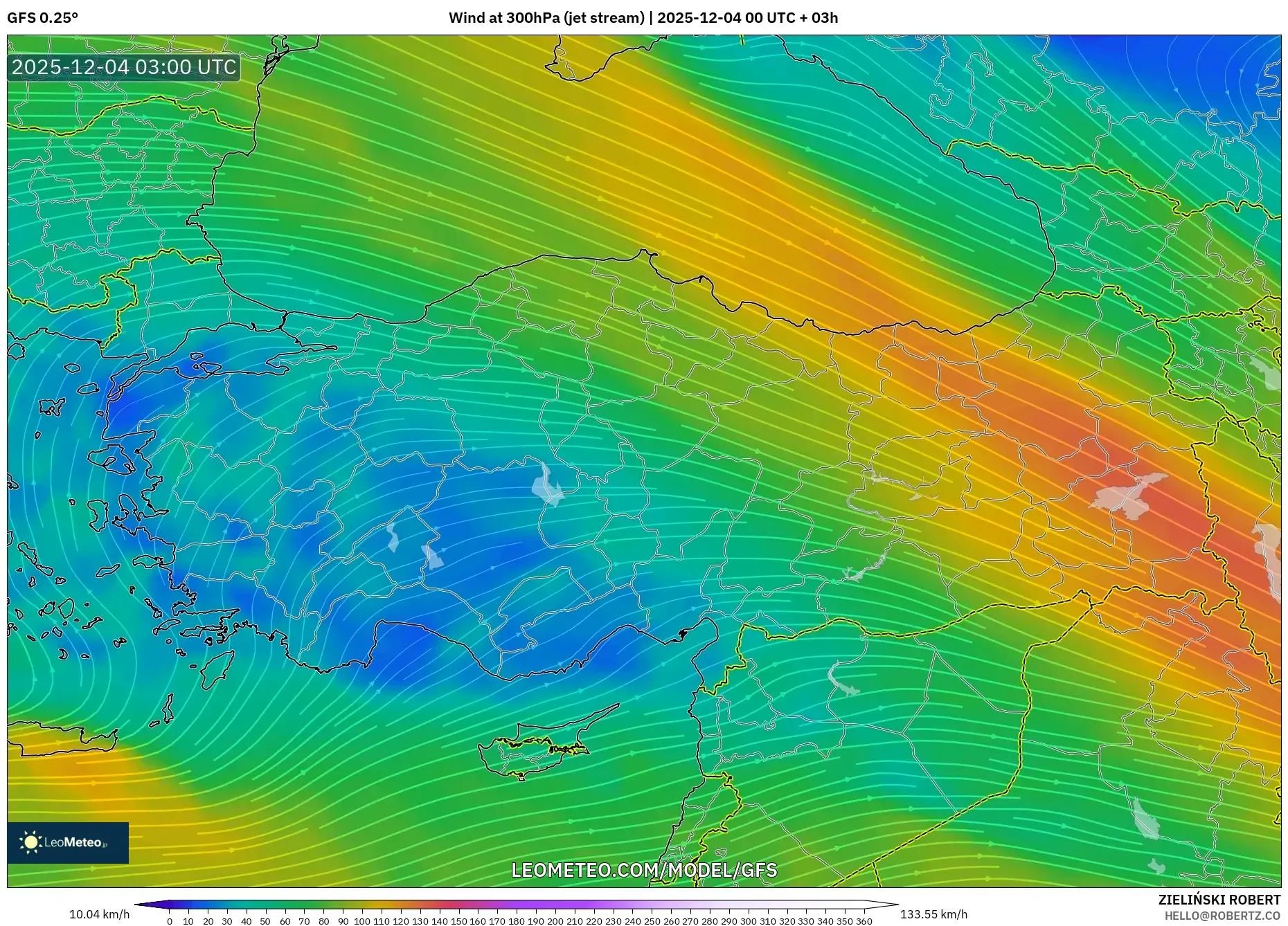 GFS model - Turkey, Wind at 300hPa (jet stream)