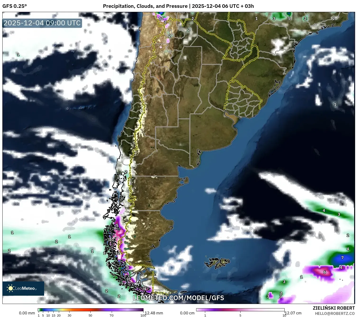 GFS model - Argentina, Precipitation, Clouds, and Pressure