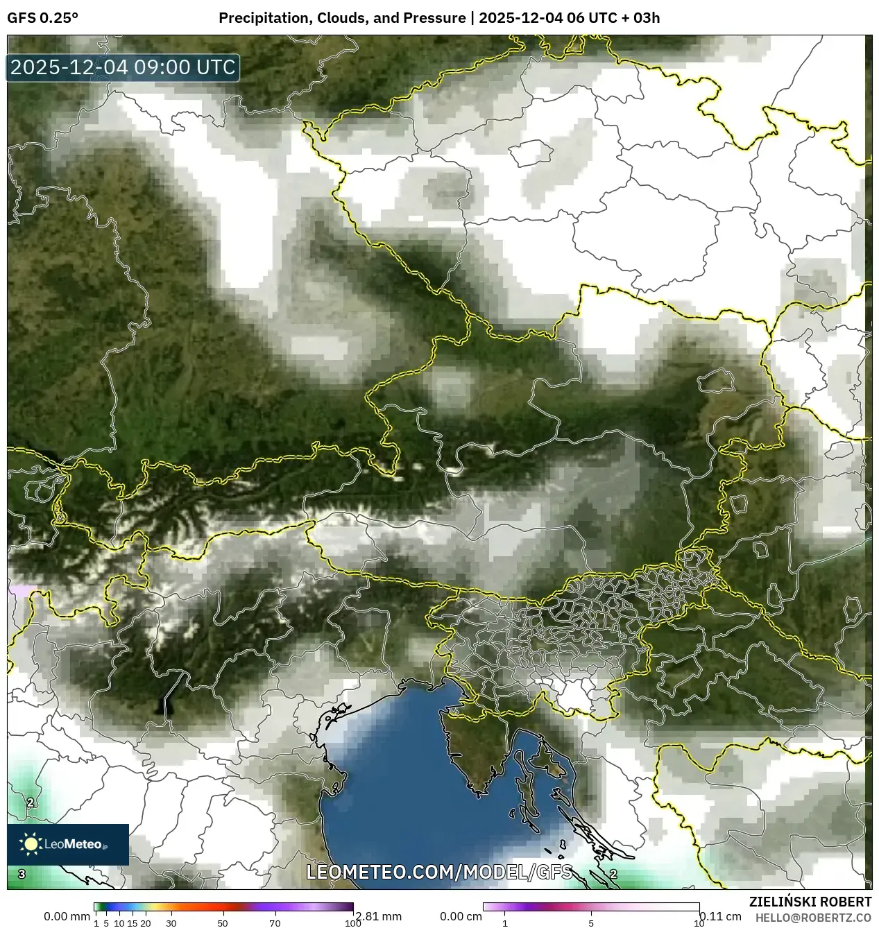 GFS model - Austria, Precipitation, Clouds, and Pressure