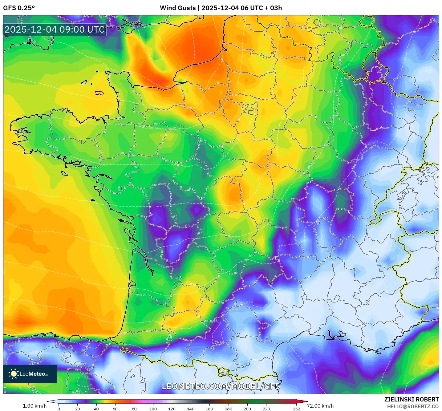 GFS model - France, Wind Gusts