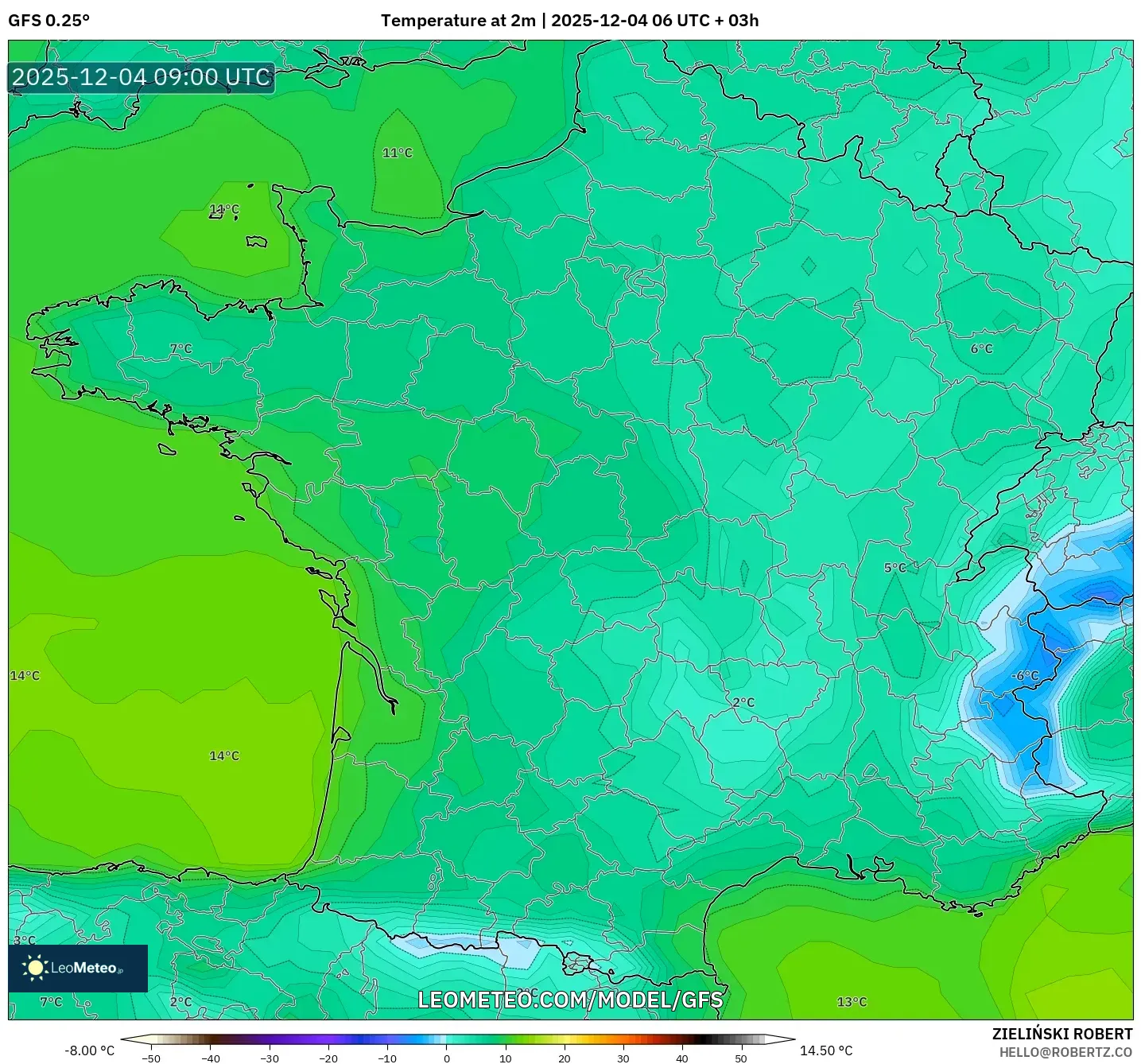 GFS model - France, Temperature at 2m