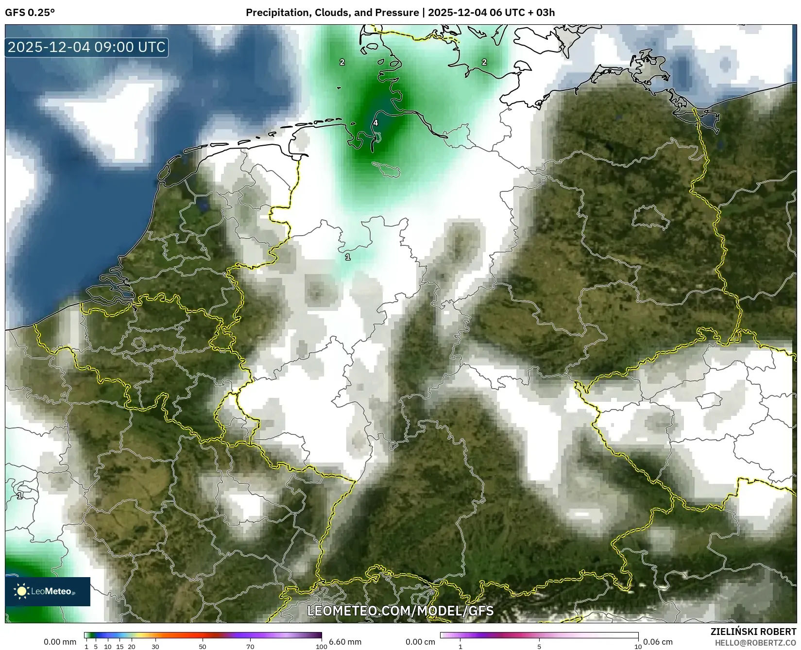 GFS model - Germany, Precipitation, Clouds, and Pressure