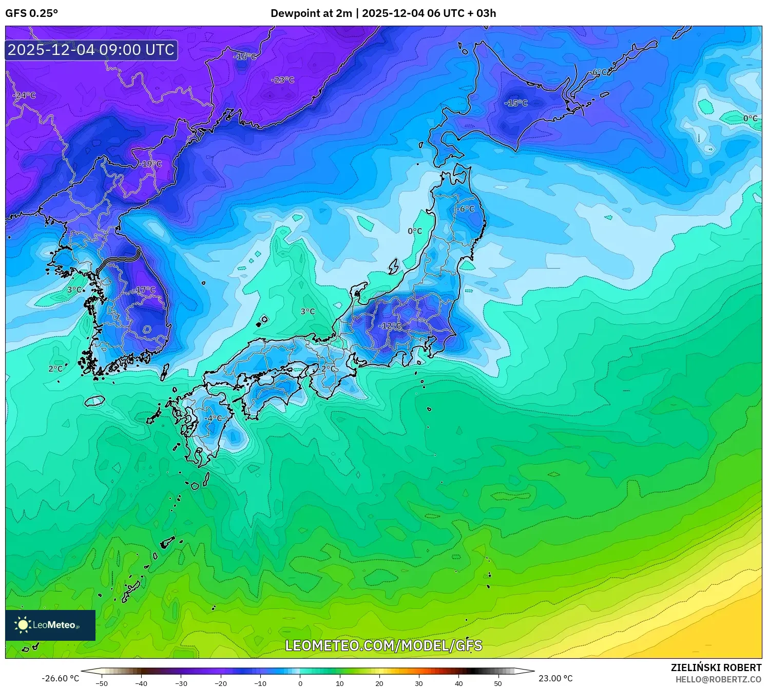 GFS model - Japan, Dewpoint at 2m