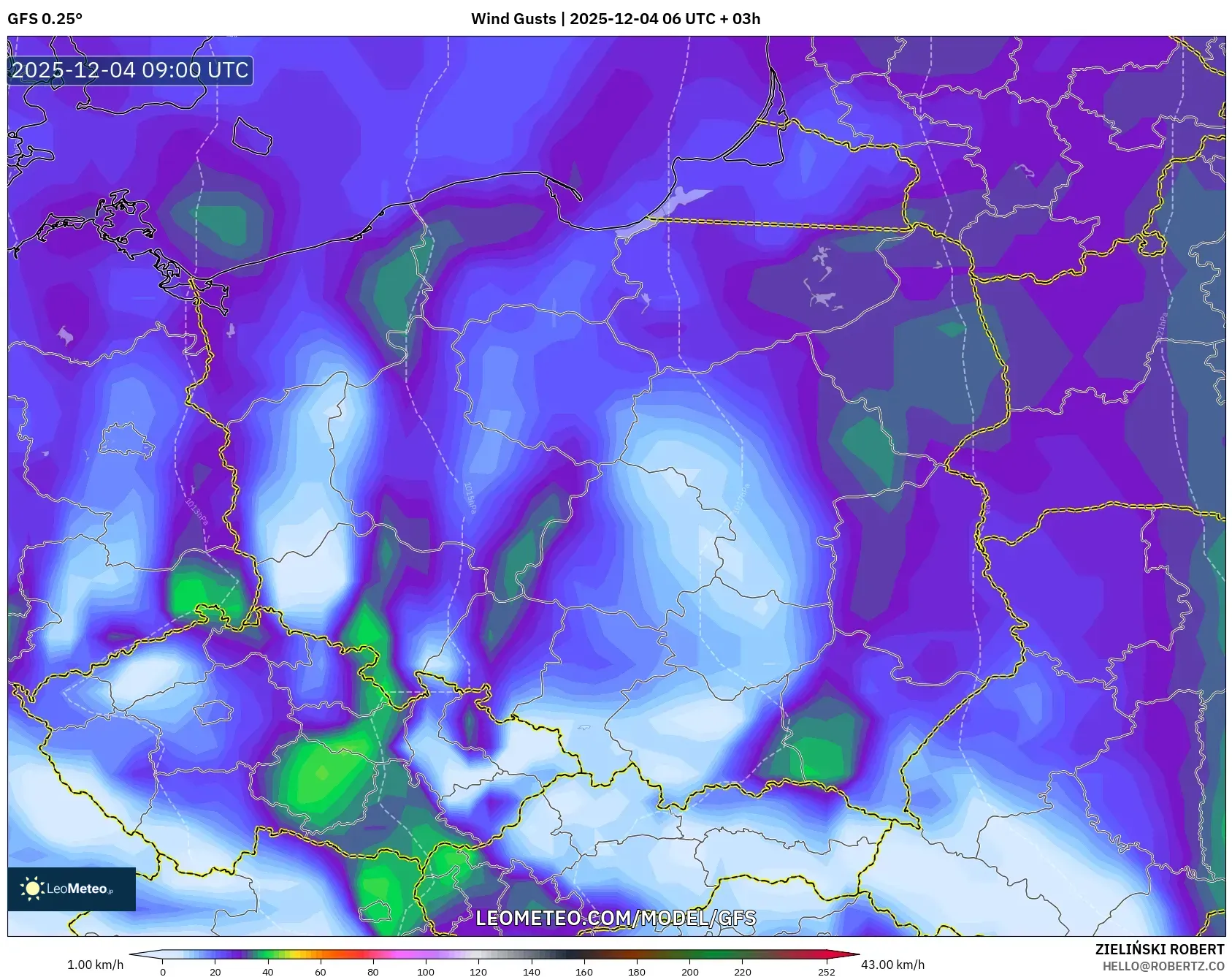 GFS model - Poland, Wind Gusts