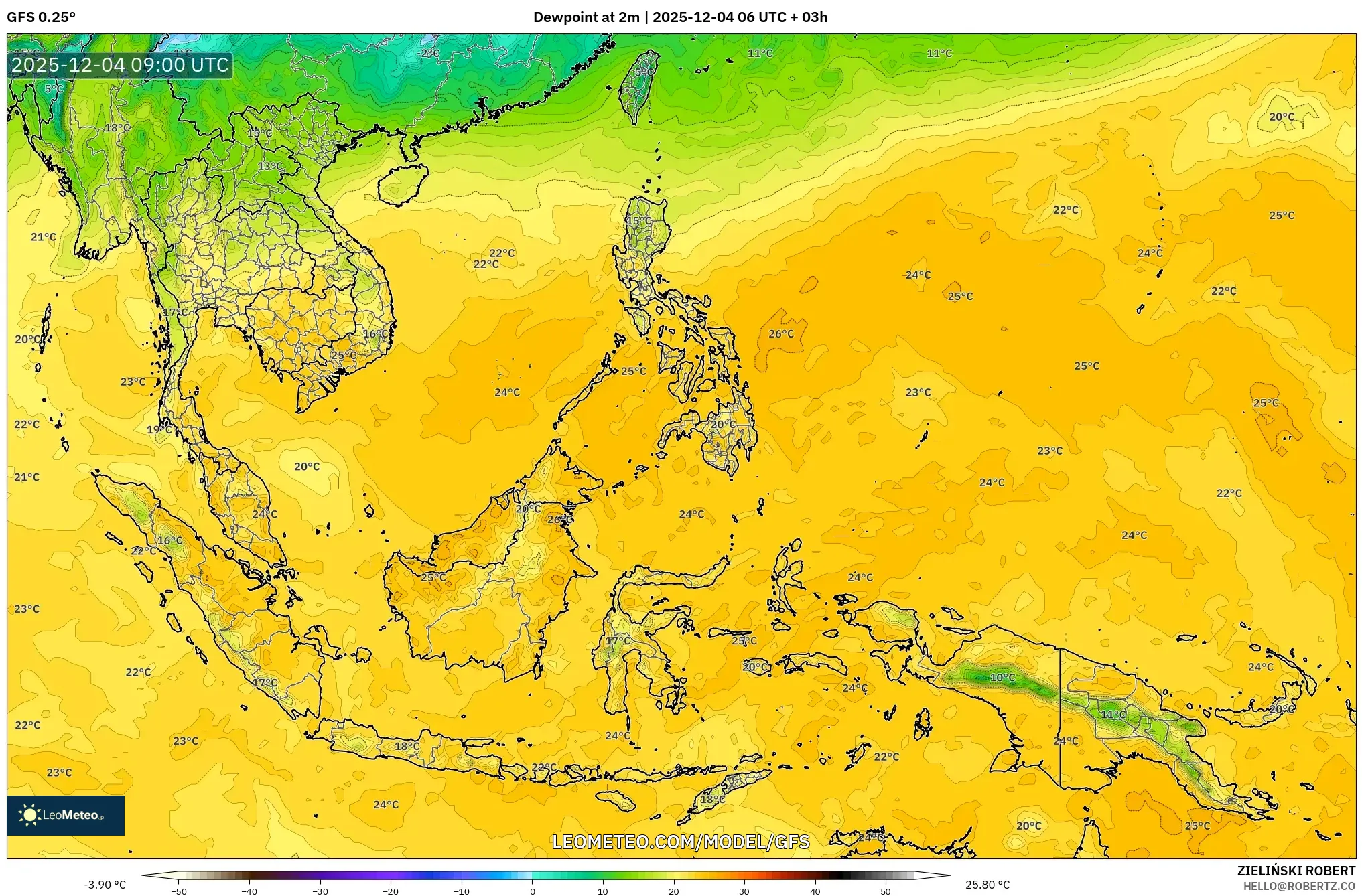 GFS model - South East Asia, Dewpoint at 2m
