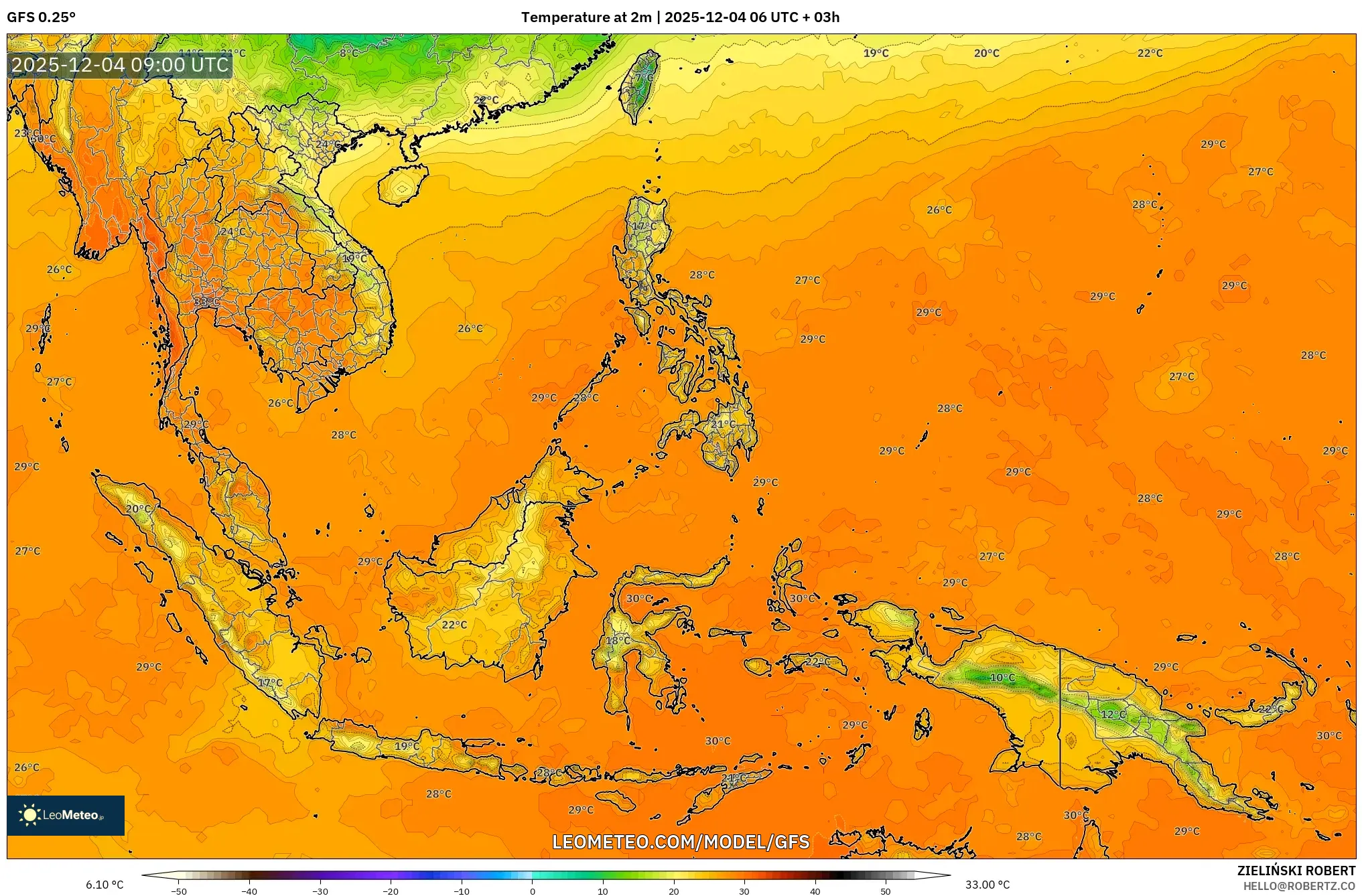 GFS model - South East Asia, Temperature at 2m
