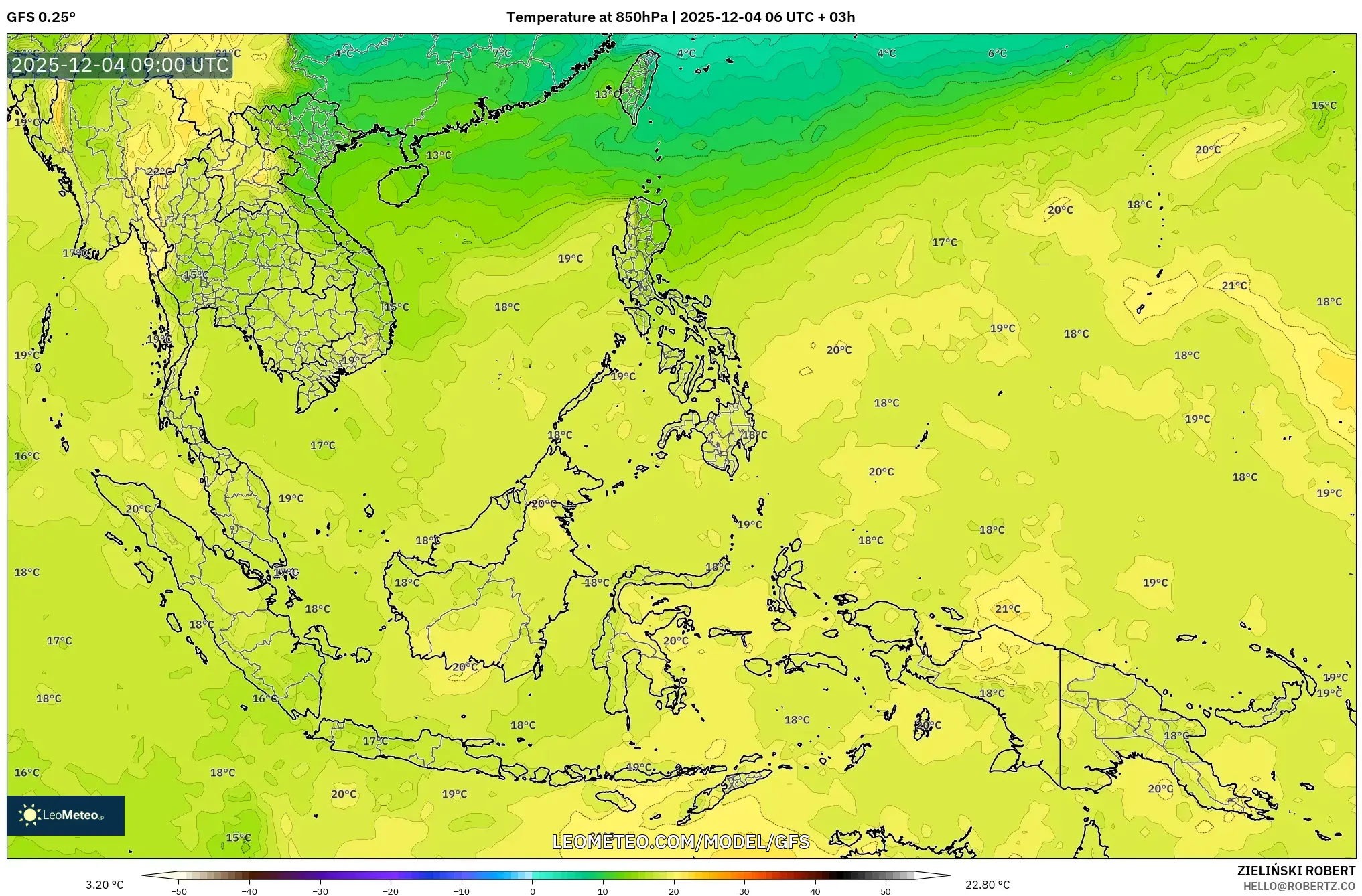 GFS model - South East Asia, Temperature at 850hPa