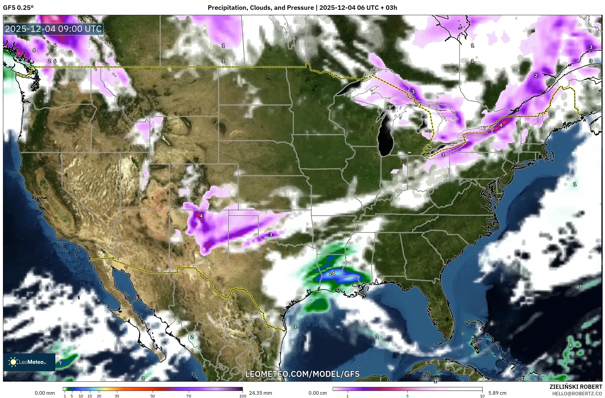 GFS model - United States, Precipitation, Clouds, and Pressure
