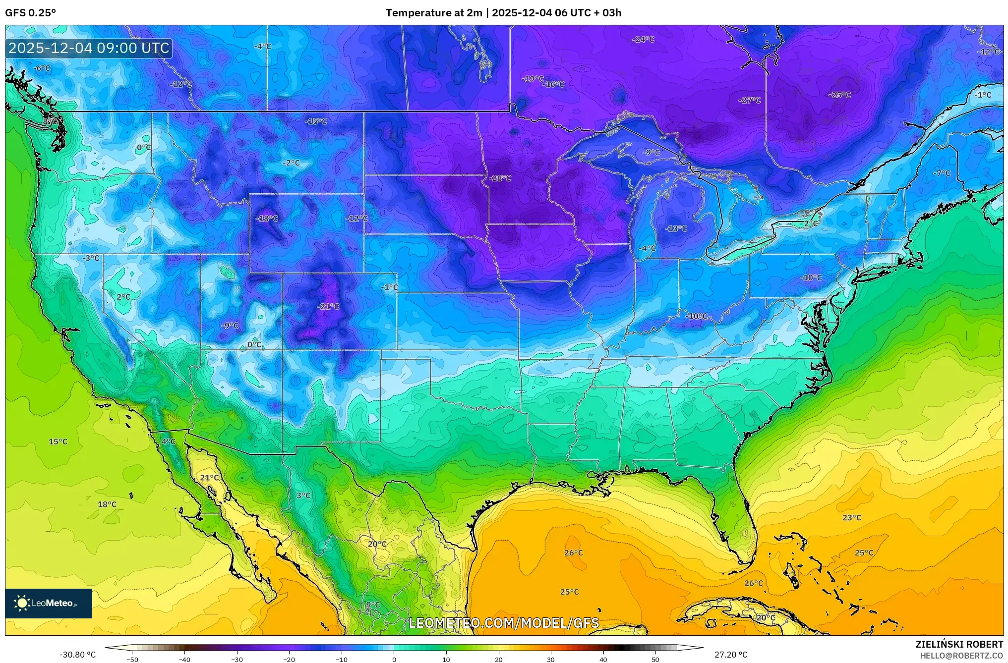 GFS model - United States, Temperature at 2m