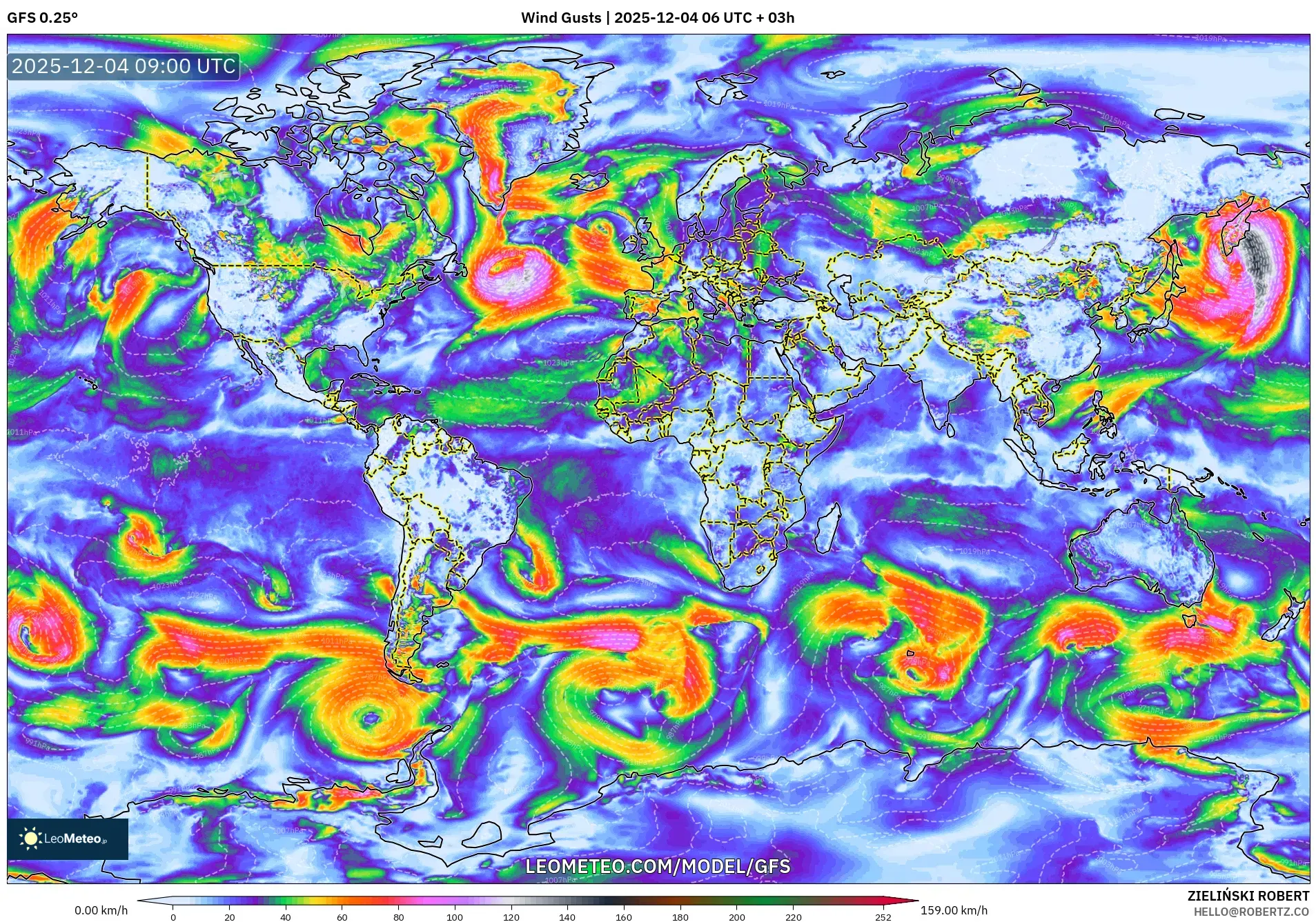 GFS model - World, Wind Gusts