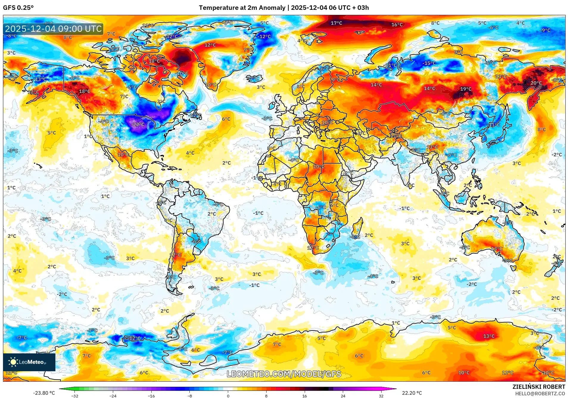 GFS model - World, Temperature at 2m Anomaly