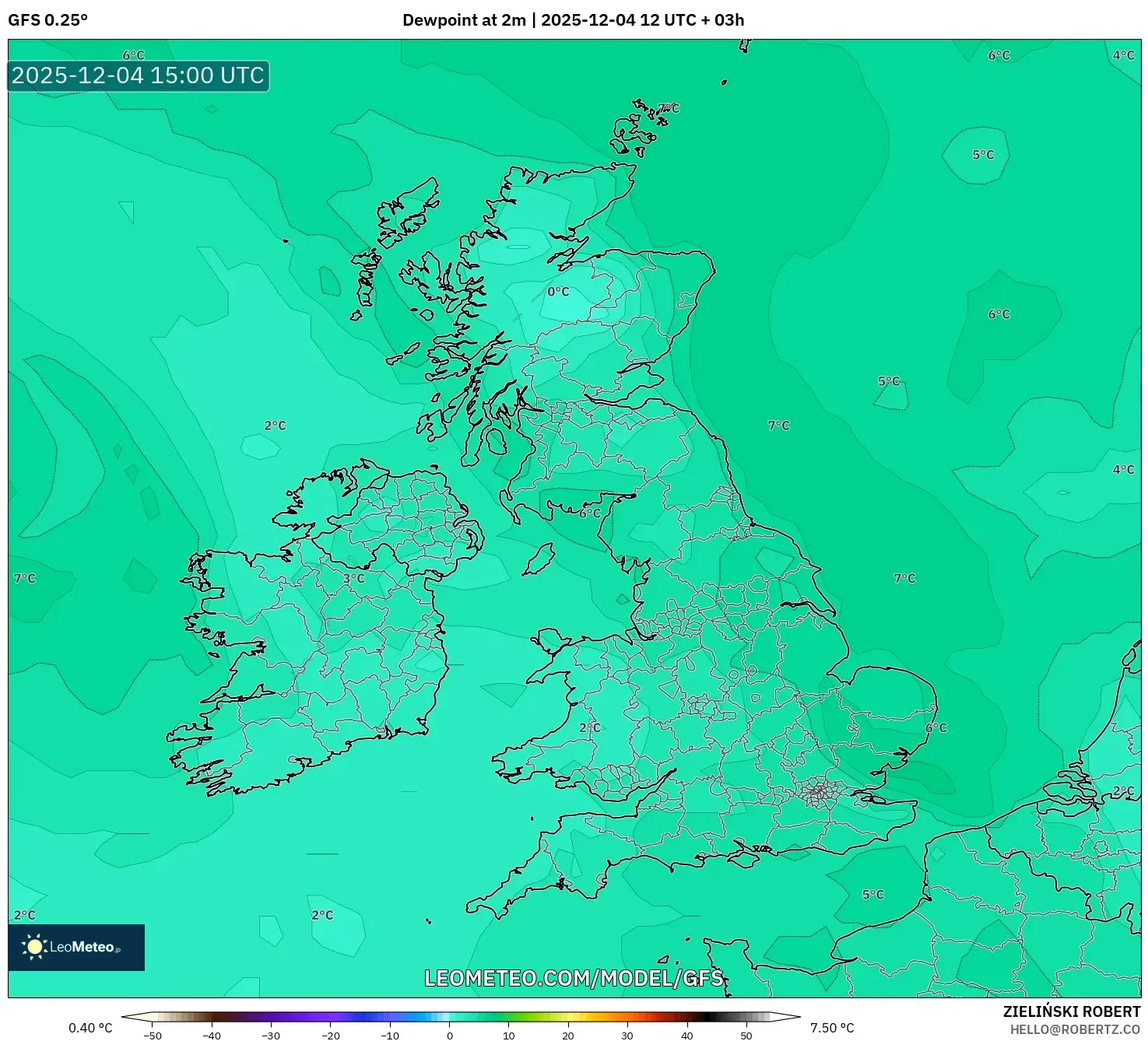 GFS model - United Kingdom, Dewpoint at 2m