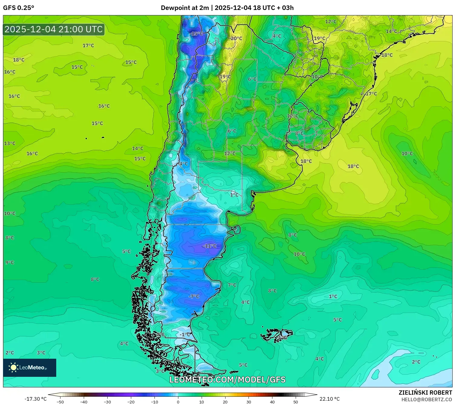 GFS model - Argentina, Dewpoint at 2m