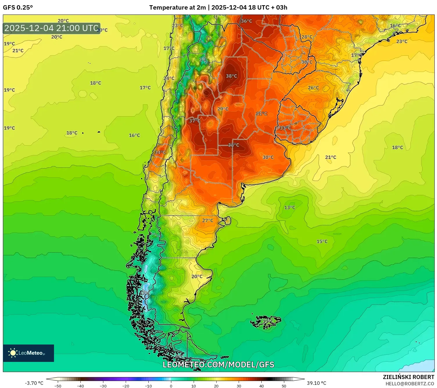 GFS model - Argentina, Temperature at 2m