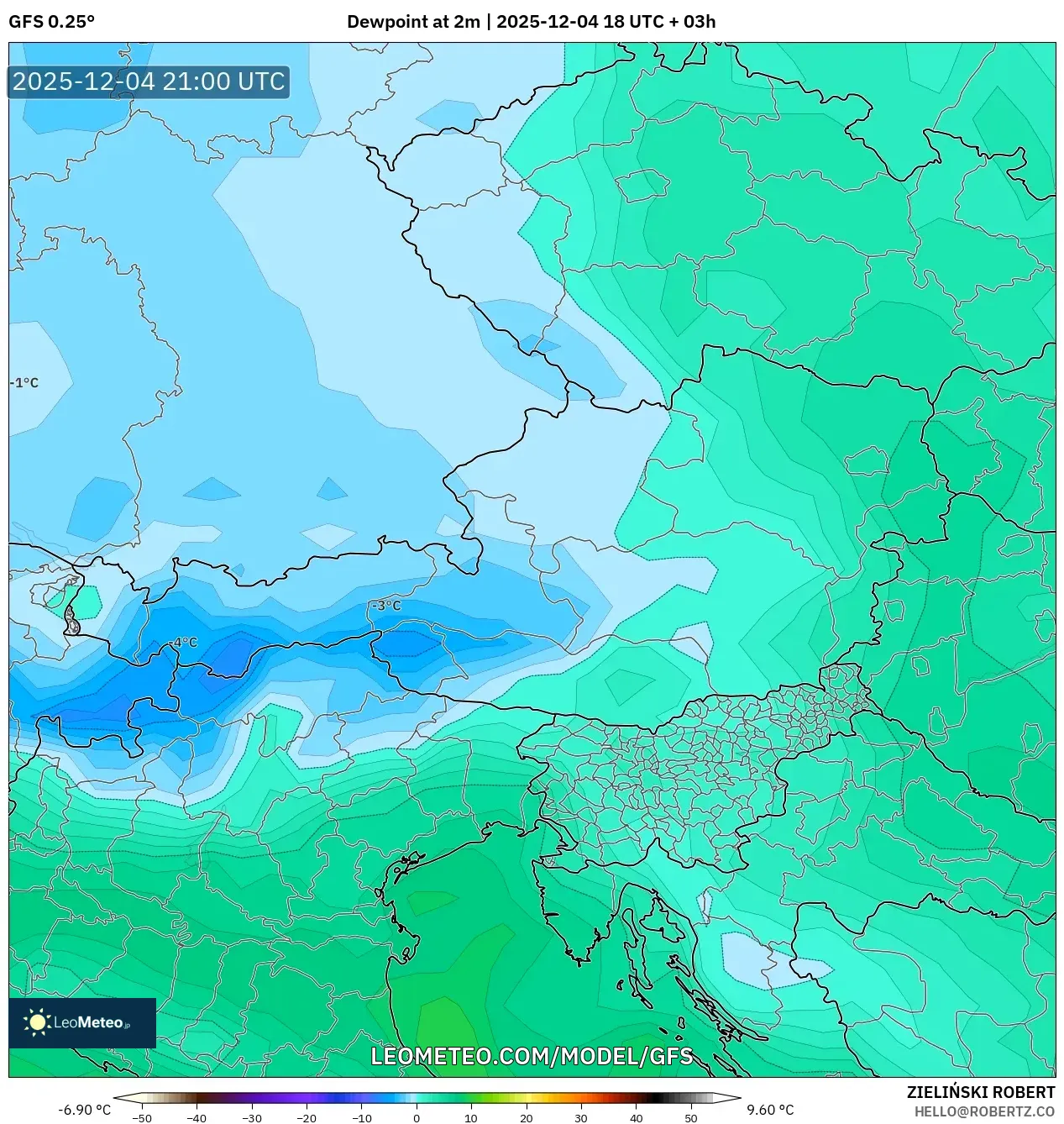 GFS model - Austria, Dewpoint at 2m