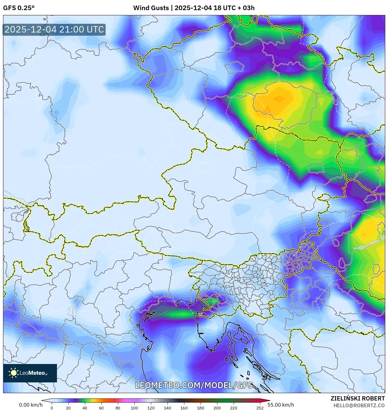GFS model - Austria, Wind Gusts