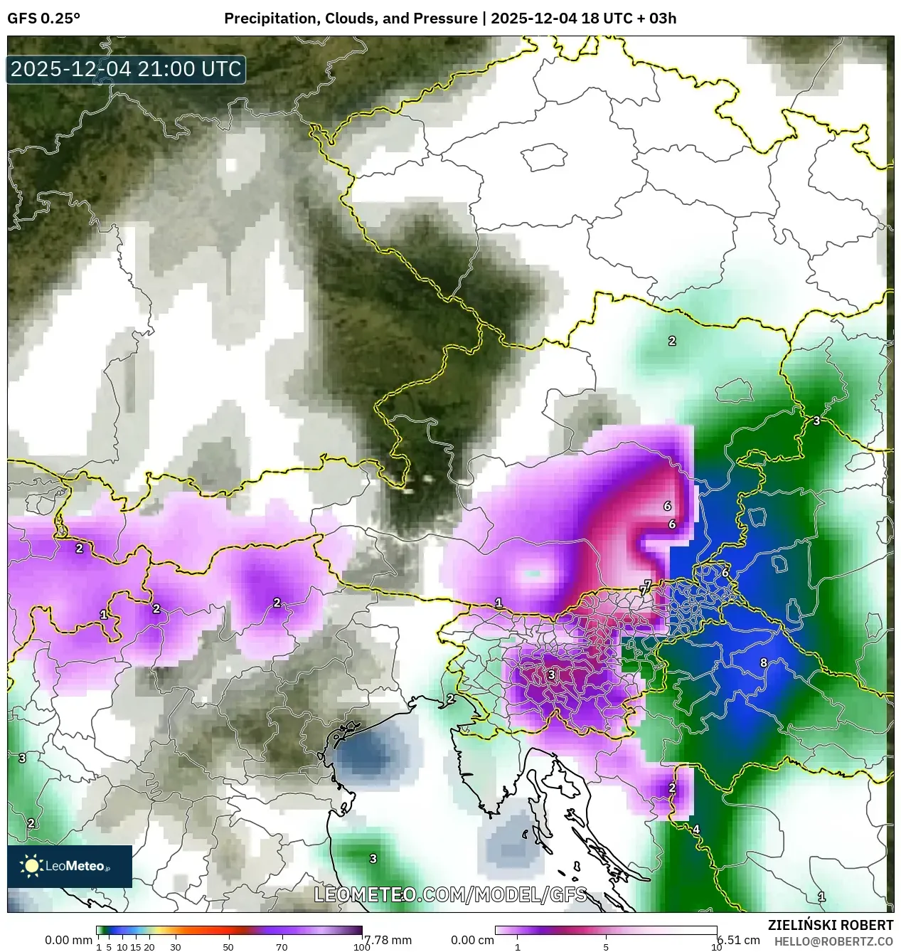 GFS model - Austria, Precipitation, Clouds, and Pressure